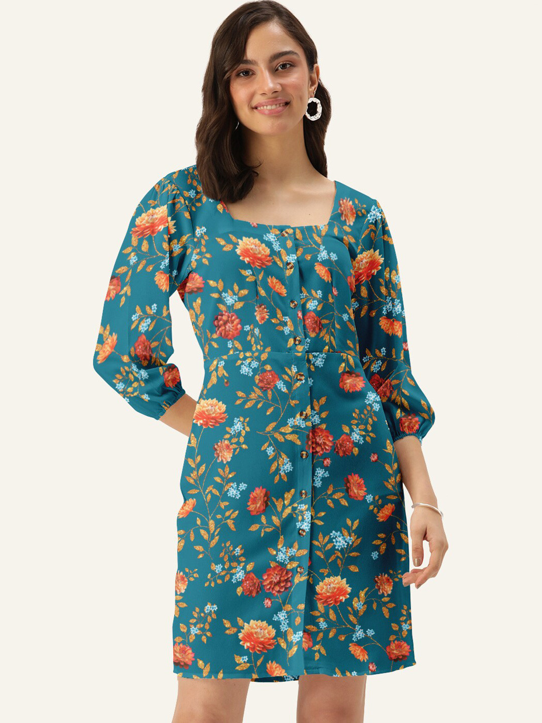 DressBerry Women Blue & Red Floral Printed Mini Sheath Dress