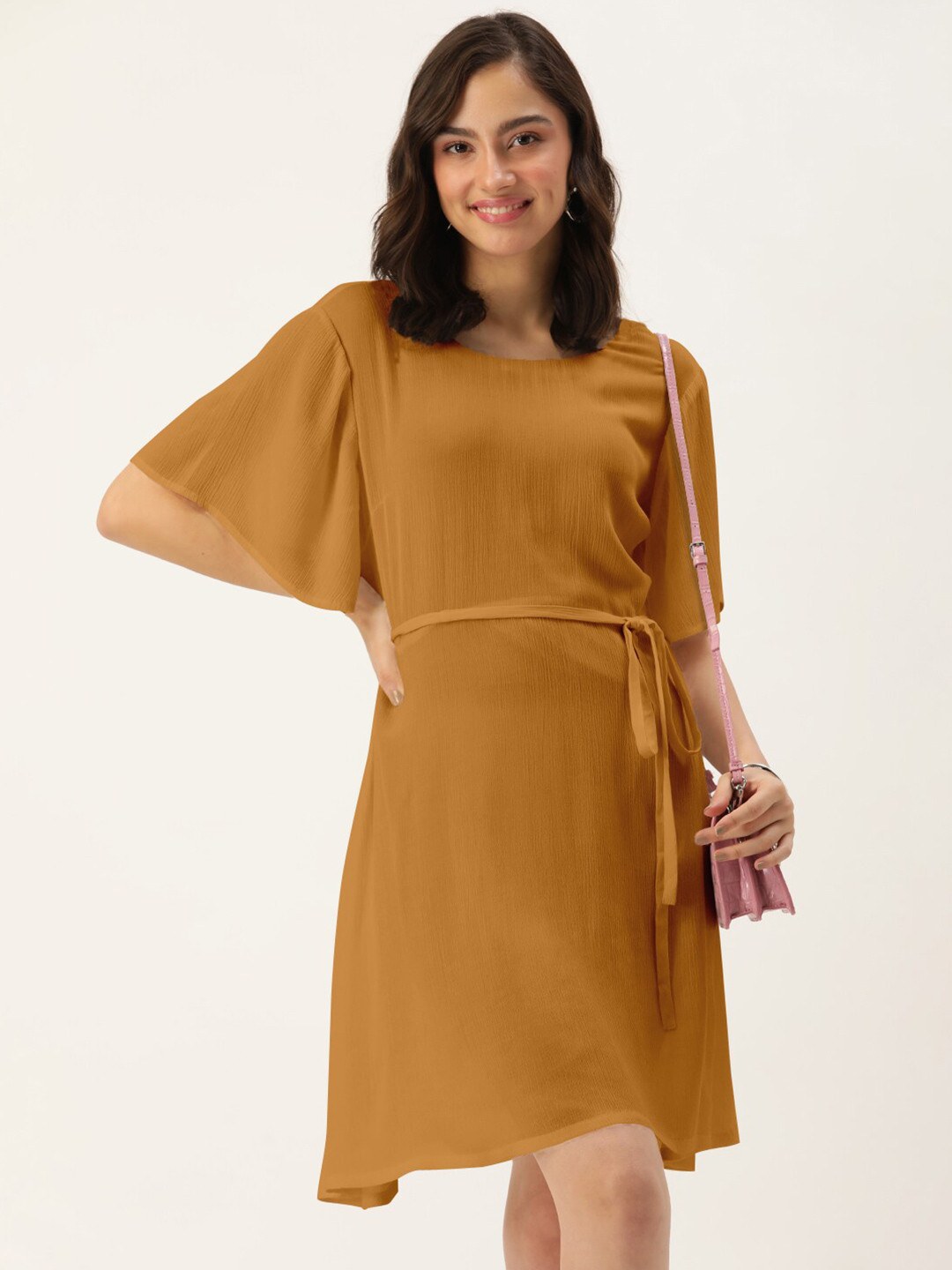 DressBerry Rust Solid Flutter Sleeve Short Dress