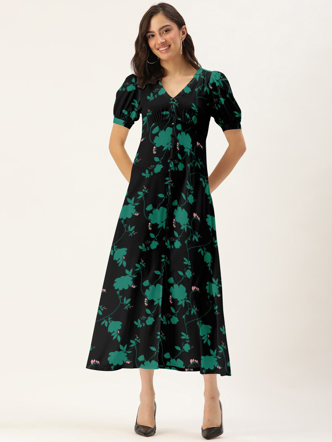 DressBerry Black Floral A-Line Maxi Dress