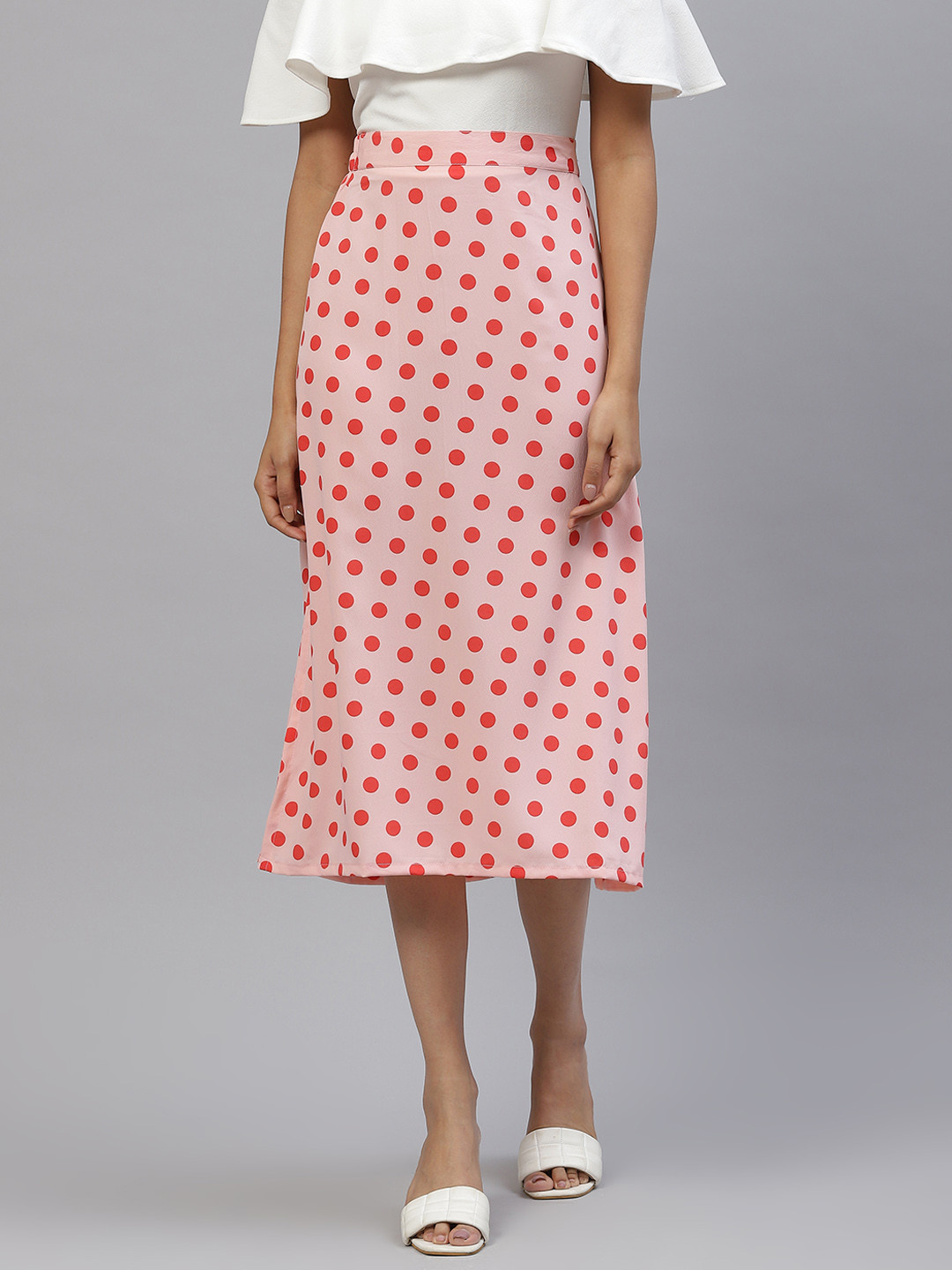 plusS Women Peach-coloured & Orange Polka Dots A-Line Midi Skirt