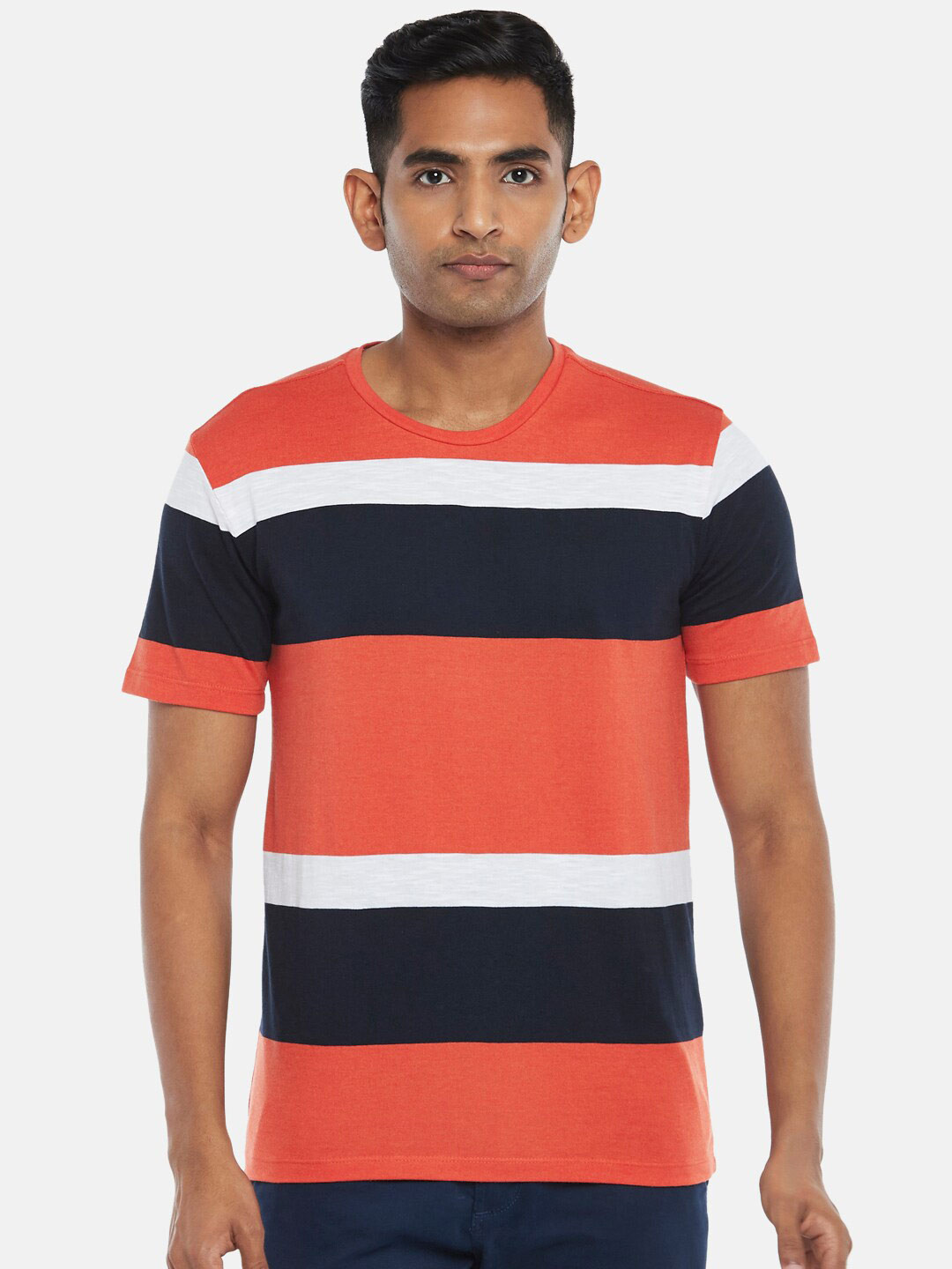 Urban Ranger by pantaloons Men Coral Orange Striped Slim Fit Cotton T-shirt
