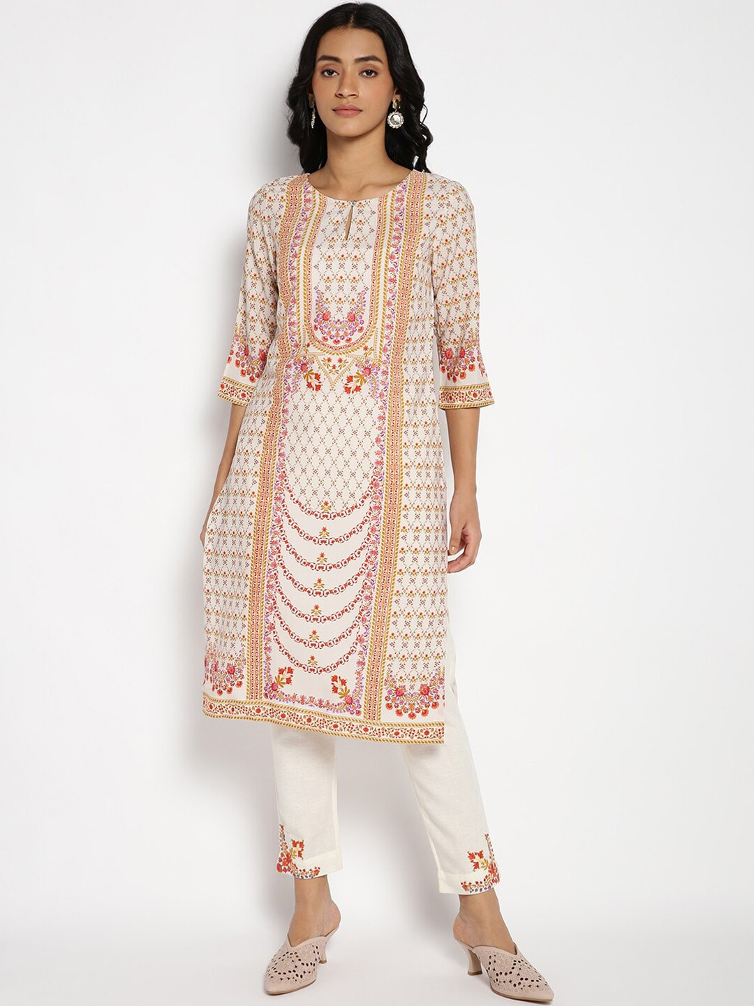 W Women White Ethnic Motifs Printed Thread Work Kurta