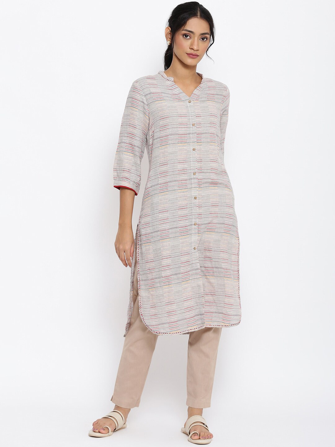W Women Grey & Red Striped Pathani Kurta