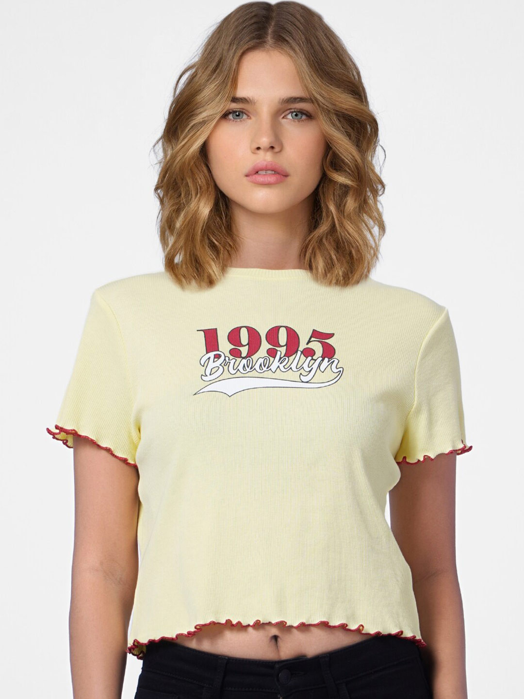 ONLY Women Yellow Typography Printed Crop T-shirt