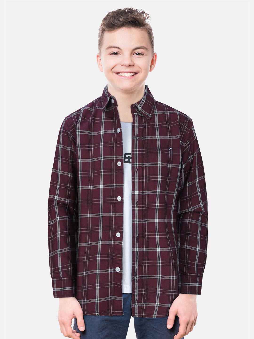 Gini and Jony Boys Maroon Tartan Checked Casual Long Sleeve Shirt