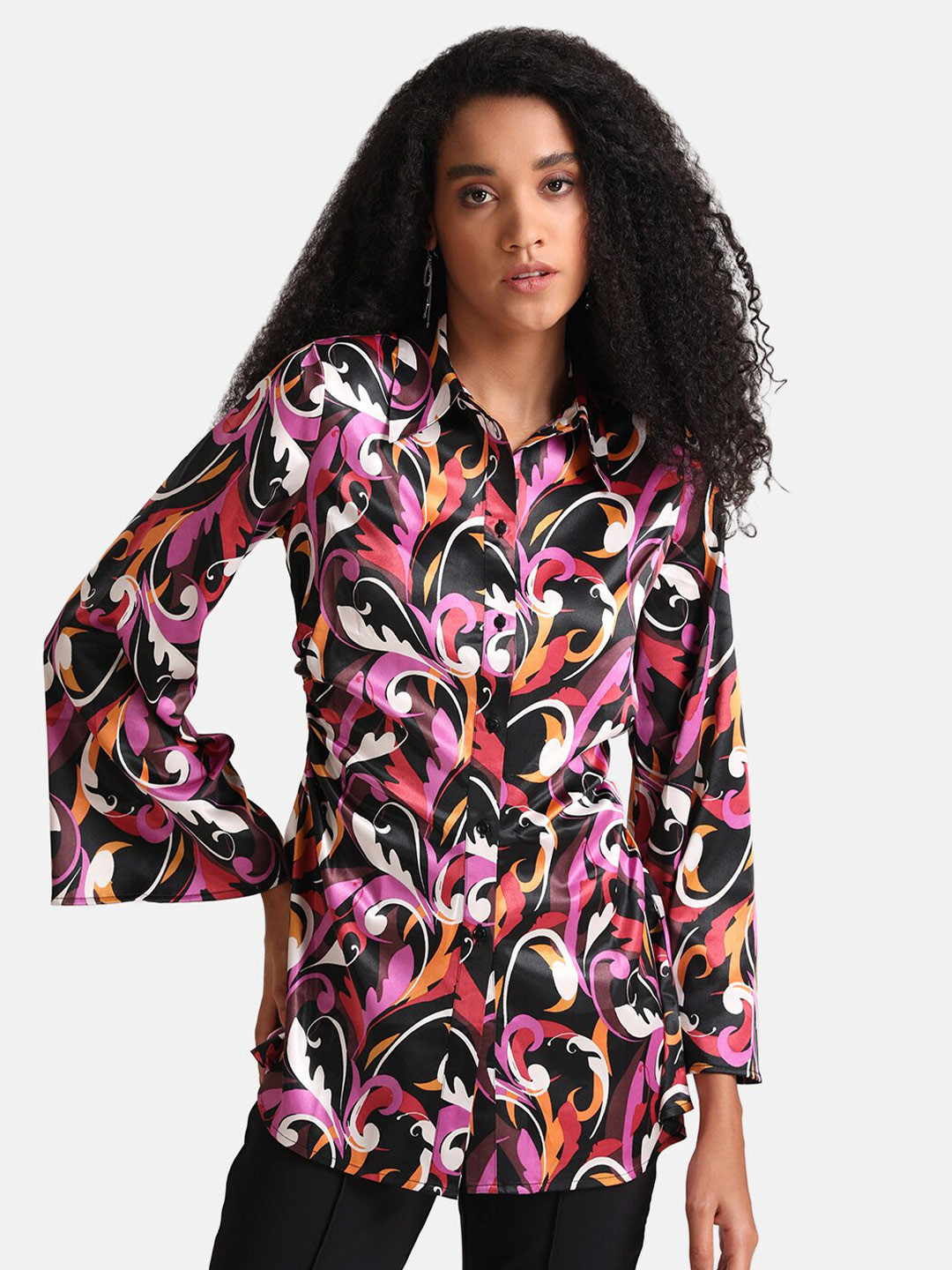 Kazo Women Black Abstract Printed Shirt With Ruching