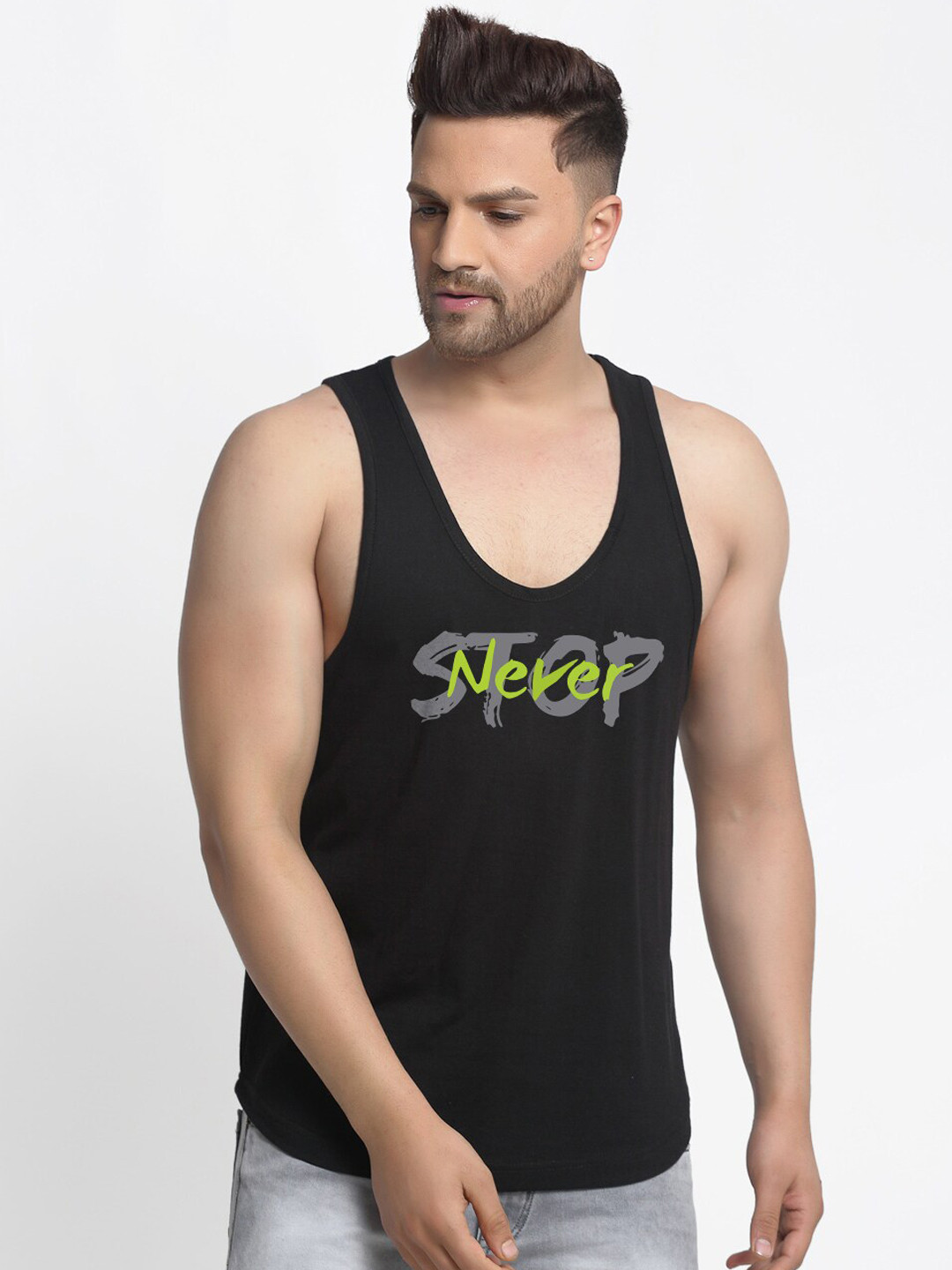 Friskers Men Black Graphics Printed Cotton Innerwear Gym Vest