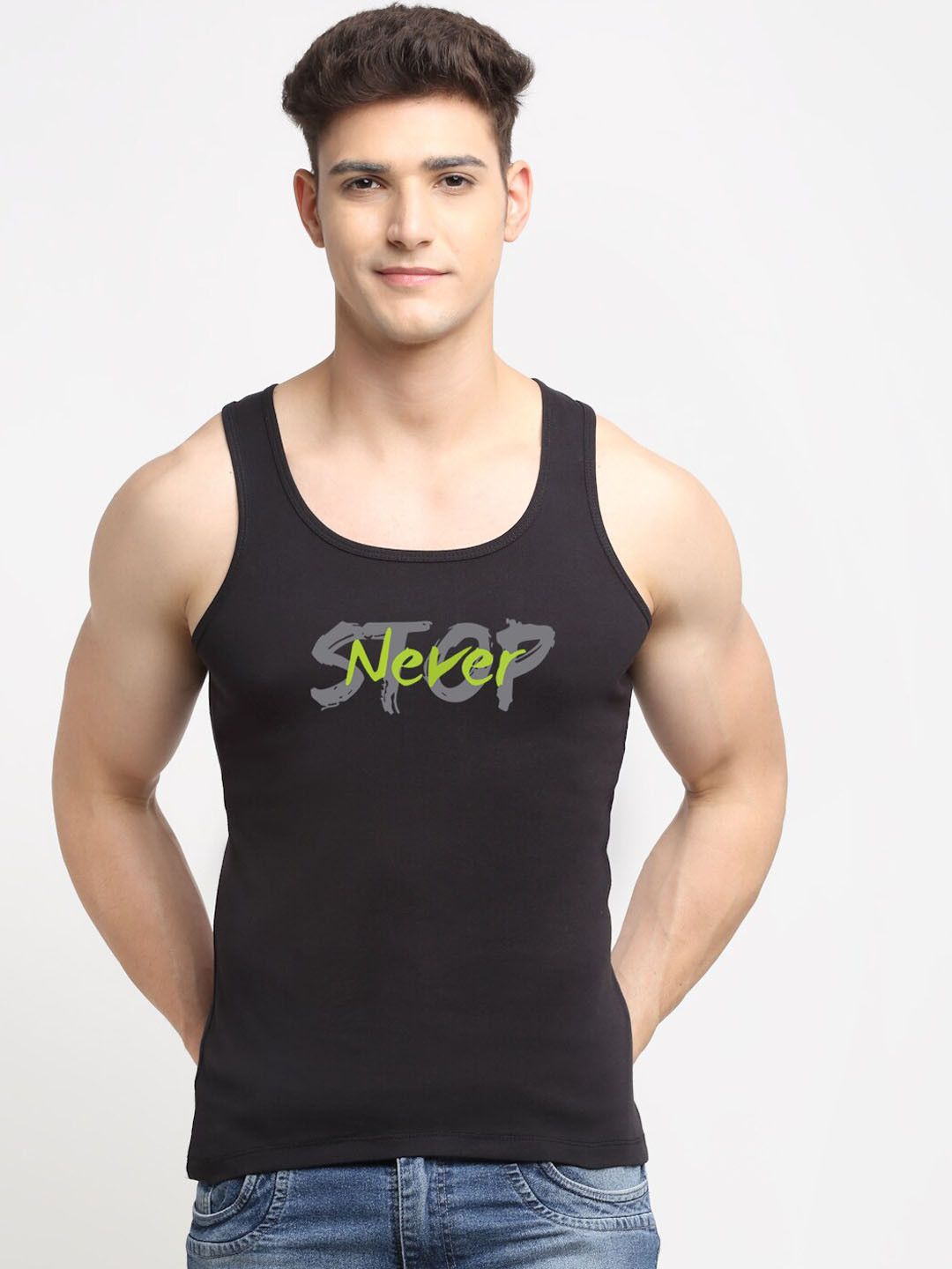 Friskers Men Black Graphics Printed Cotton Innerwear Gym Vest