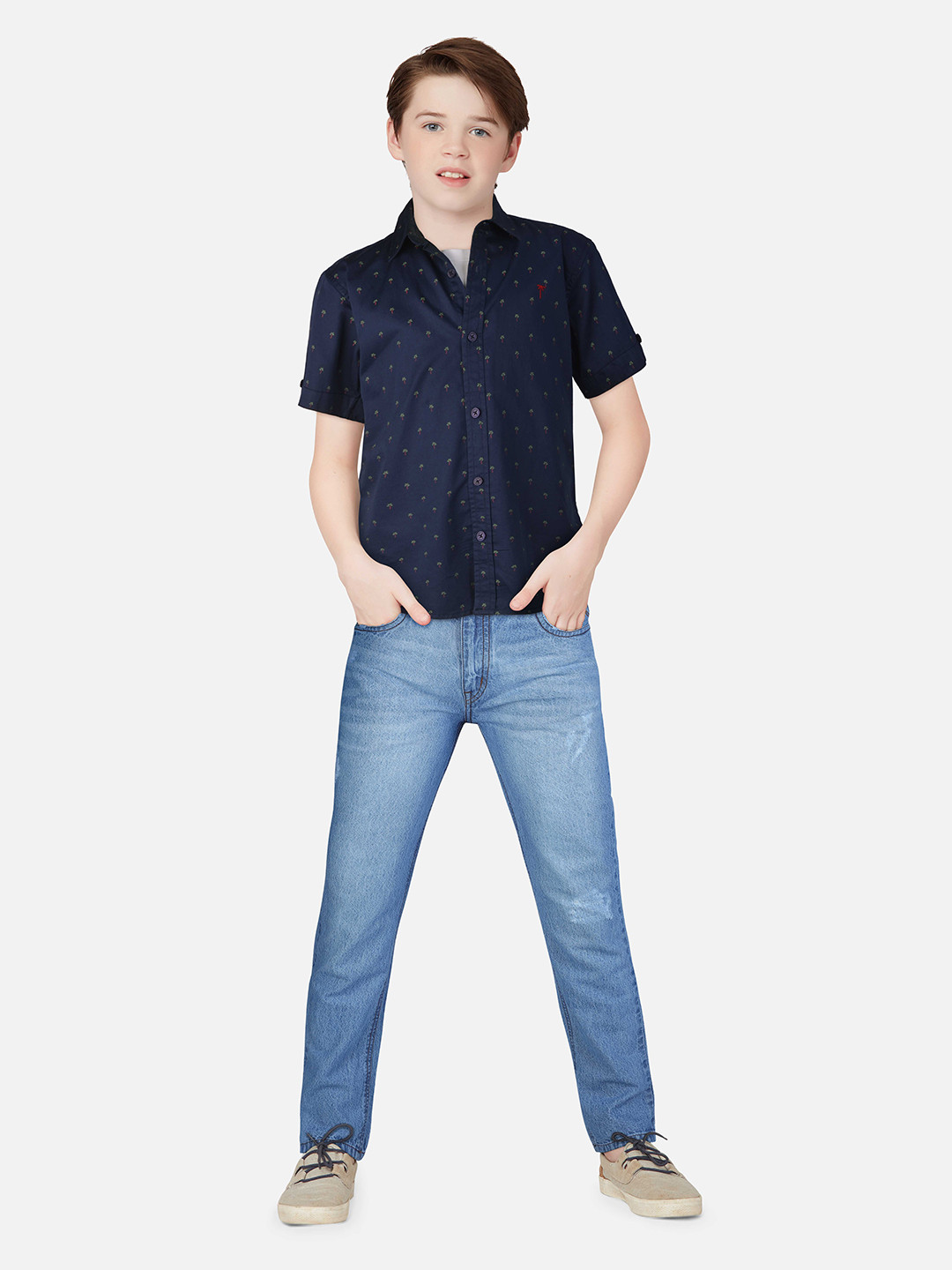 Palm Tree Boys Navy Blue Printed Casual Shirt