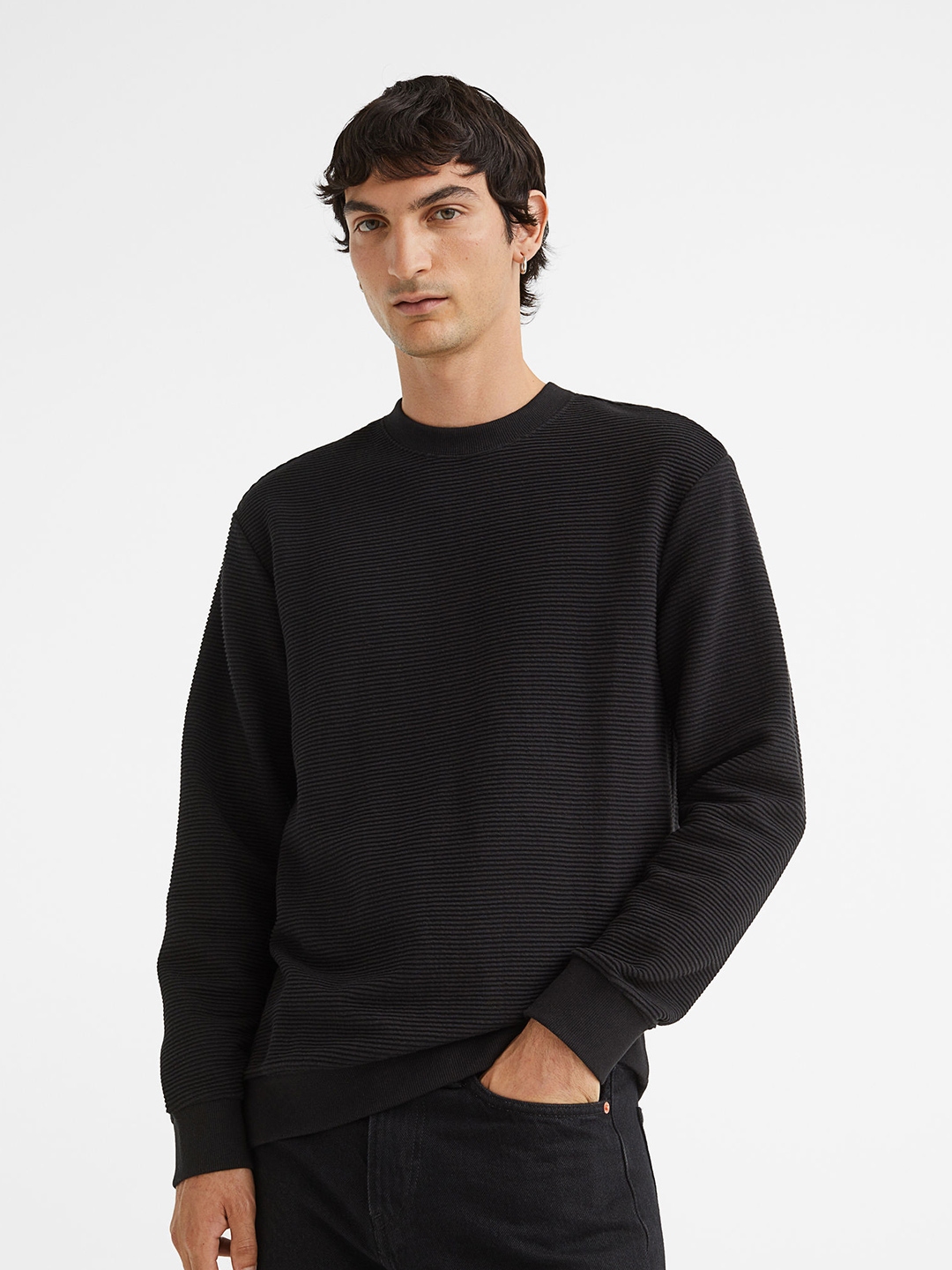 H&M Men Black Regular Fit Ribbed Sweatshirt