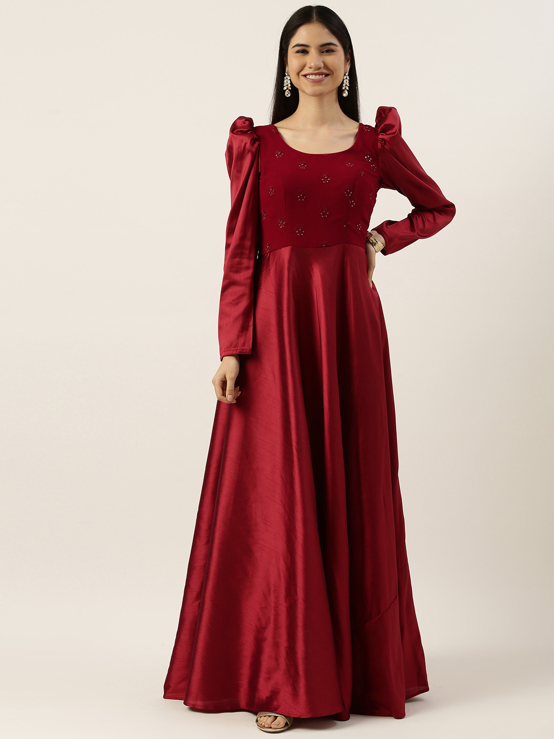 Ethnovog Green Embroidered Detail Made To Measure Maxi Ethnic Padded Dress
