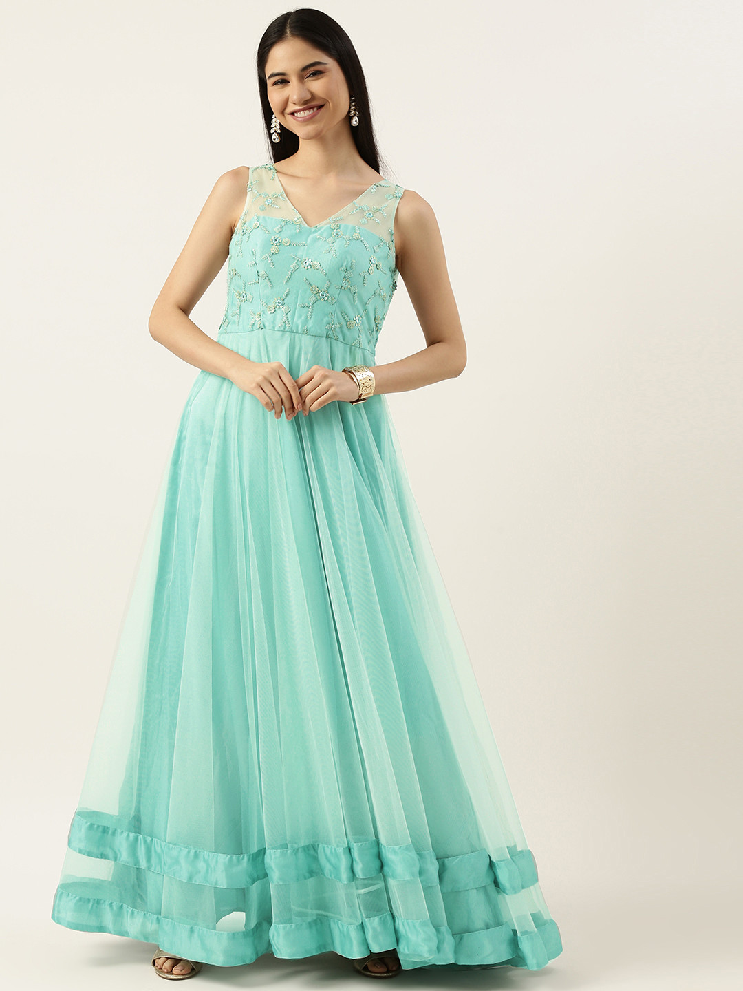 Ethnovog Blue  Golden Sequinned Made To Measure Maxi Ethnic Padded Dress