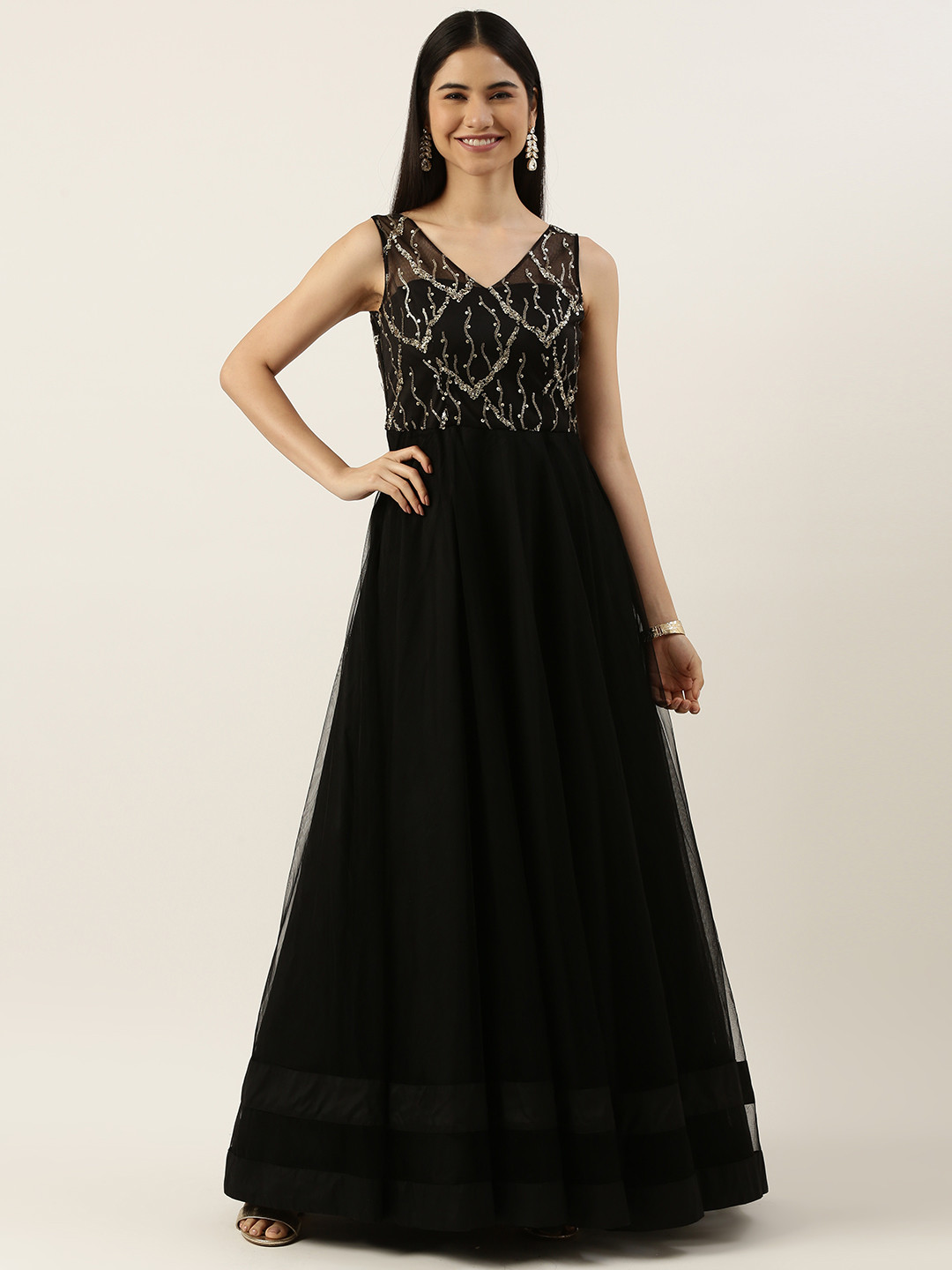 Ethnovog Black  Golden Sequinned Made To Measure Maxi Ethnic Padded Dress