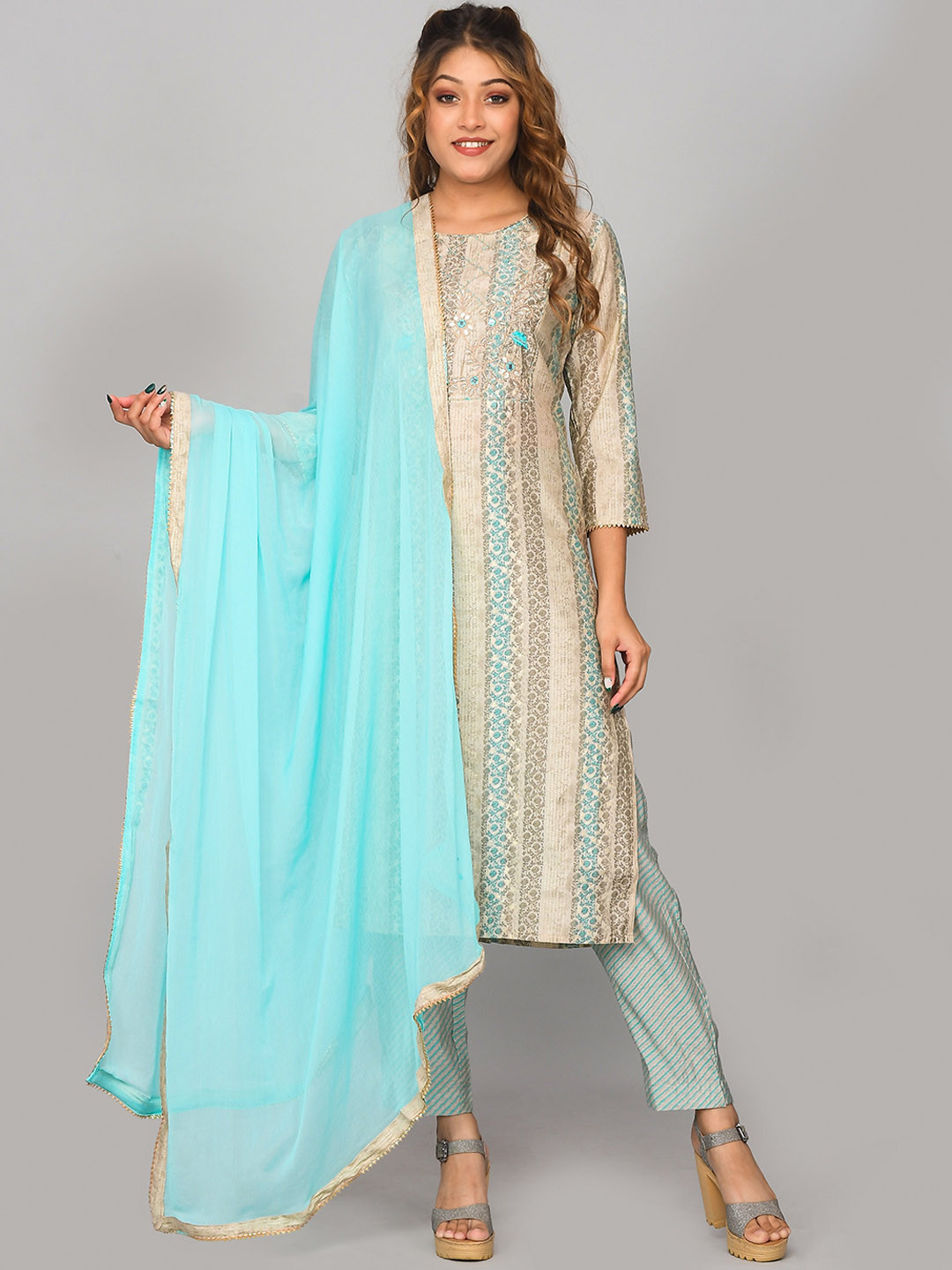 Kesarya Women Blue Floral Layered Zardozi Silk Crepe Kurta with Palazzos & With Dupatta