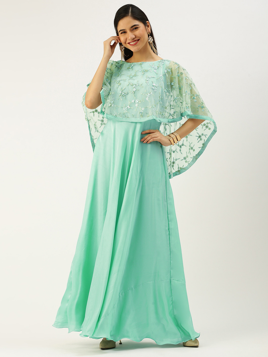 Ethnovog Green Padded Ethnic Motifs Embroidered Satin Made To Measure Dress