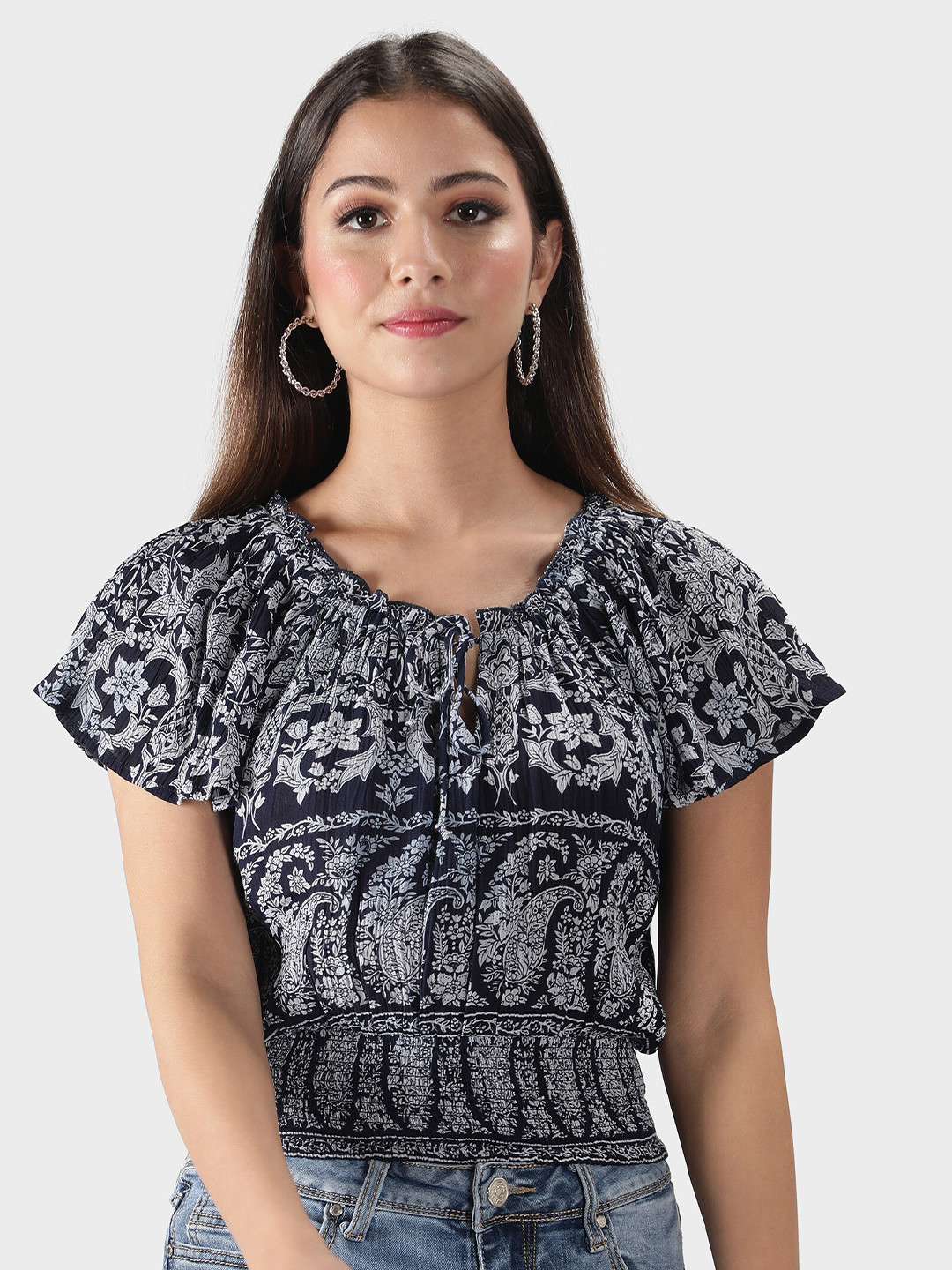 DEBONATELLA Navy Blue Print Crepe Bohemian Top