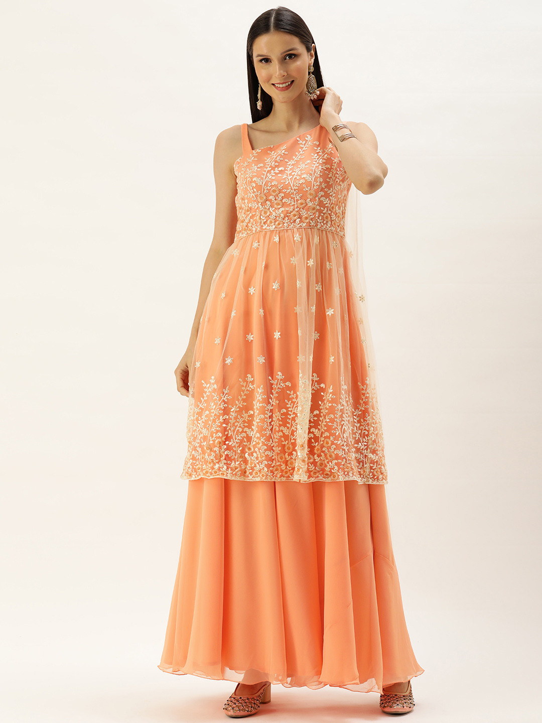 Ethnovog Women Peach  Off White Embroidered Sequin Detail Gown