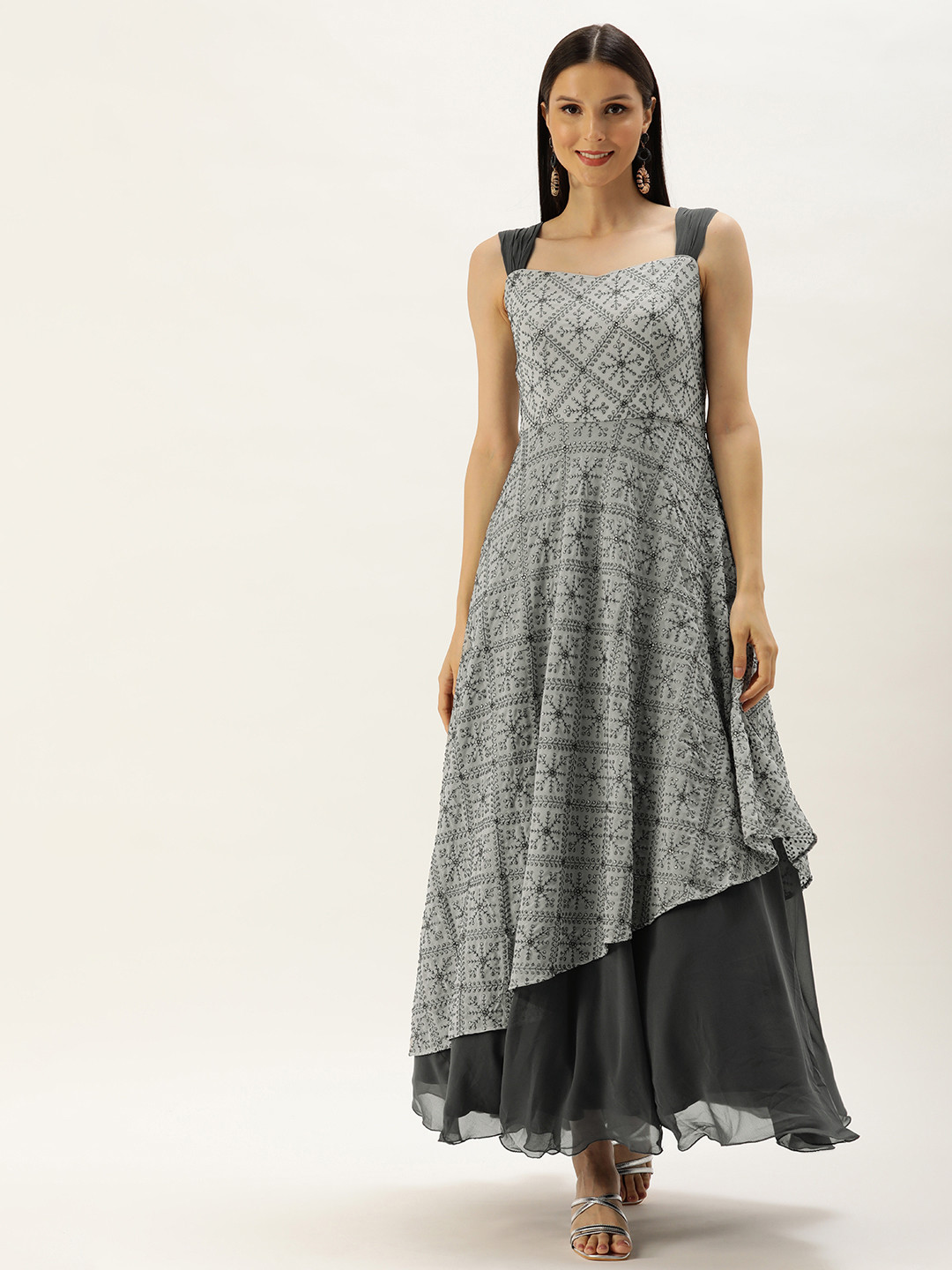 Ethnovog Women Grey Georgette Embroidered Strap Gown