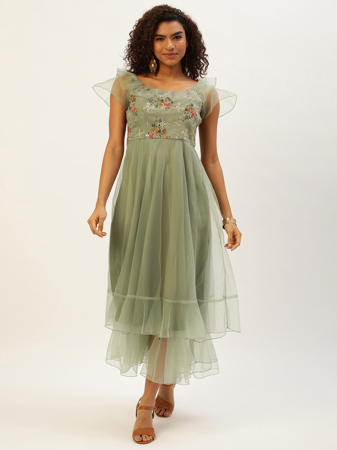 Ethnovog Women Sage Green Embroidered Sequin Organza Gown