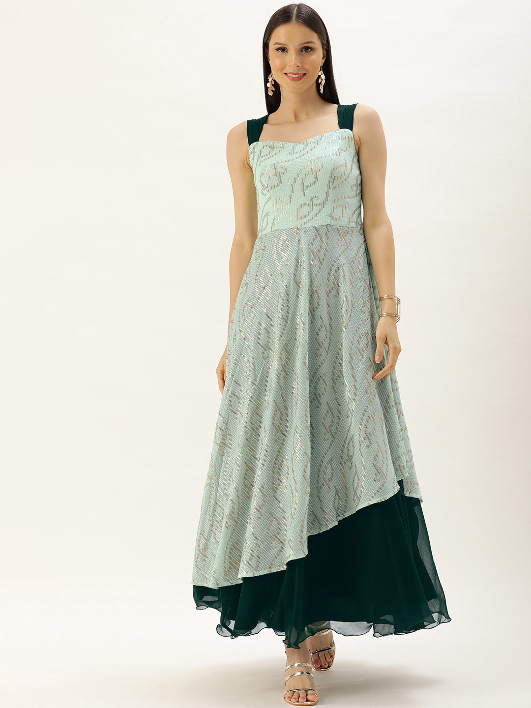 Ethnovog Women Mint Green Embroidered Sequins Strap Georgette Gown