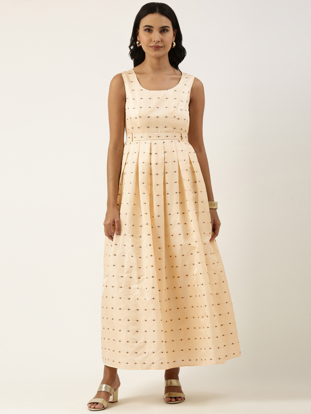 Ethnovog Cream-Coloured  Burgundy Satin A-Line Maxi Dress