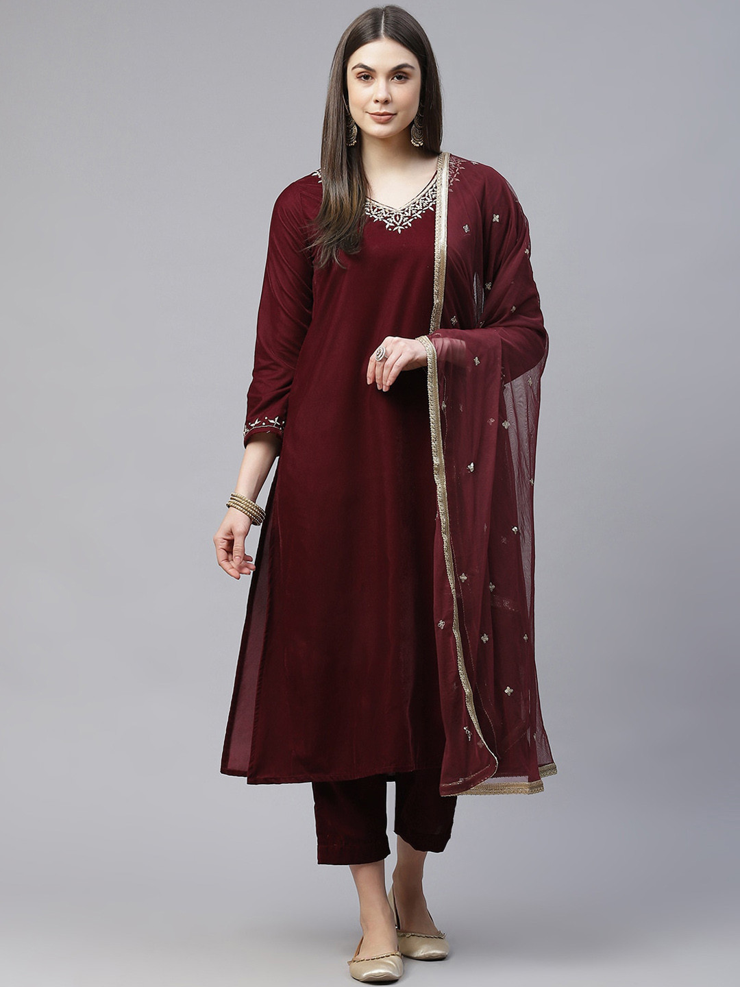 Divena Maroon Velvet hand work Kurta Pant With Net Dupatta set