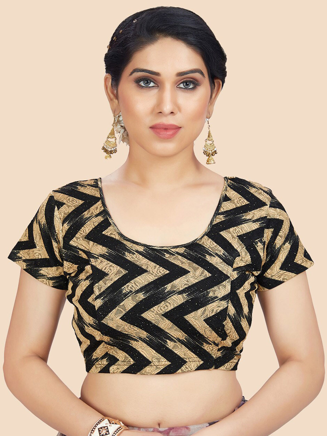 neckbook Black & Gold-Coloured Printed Saree Blouse
