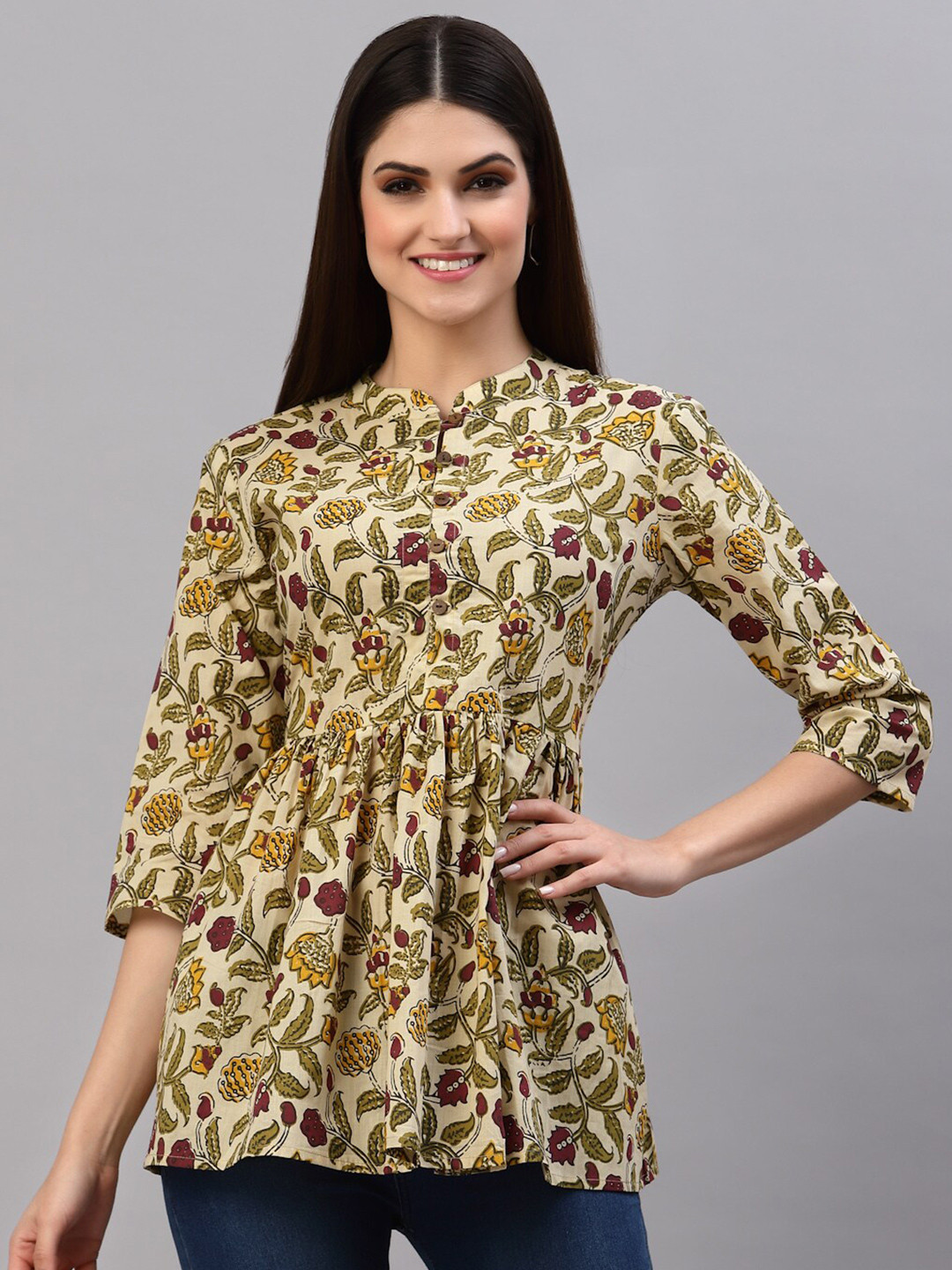 Stylum Beige and Maroon Floral Printed Cotton Peplum Top