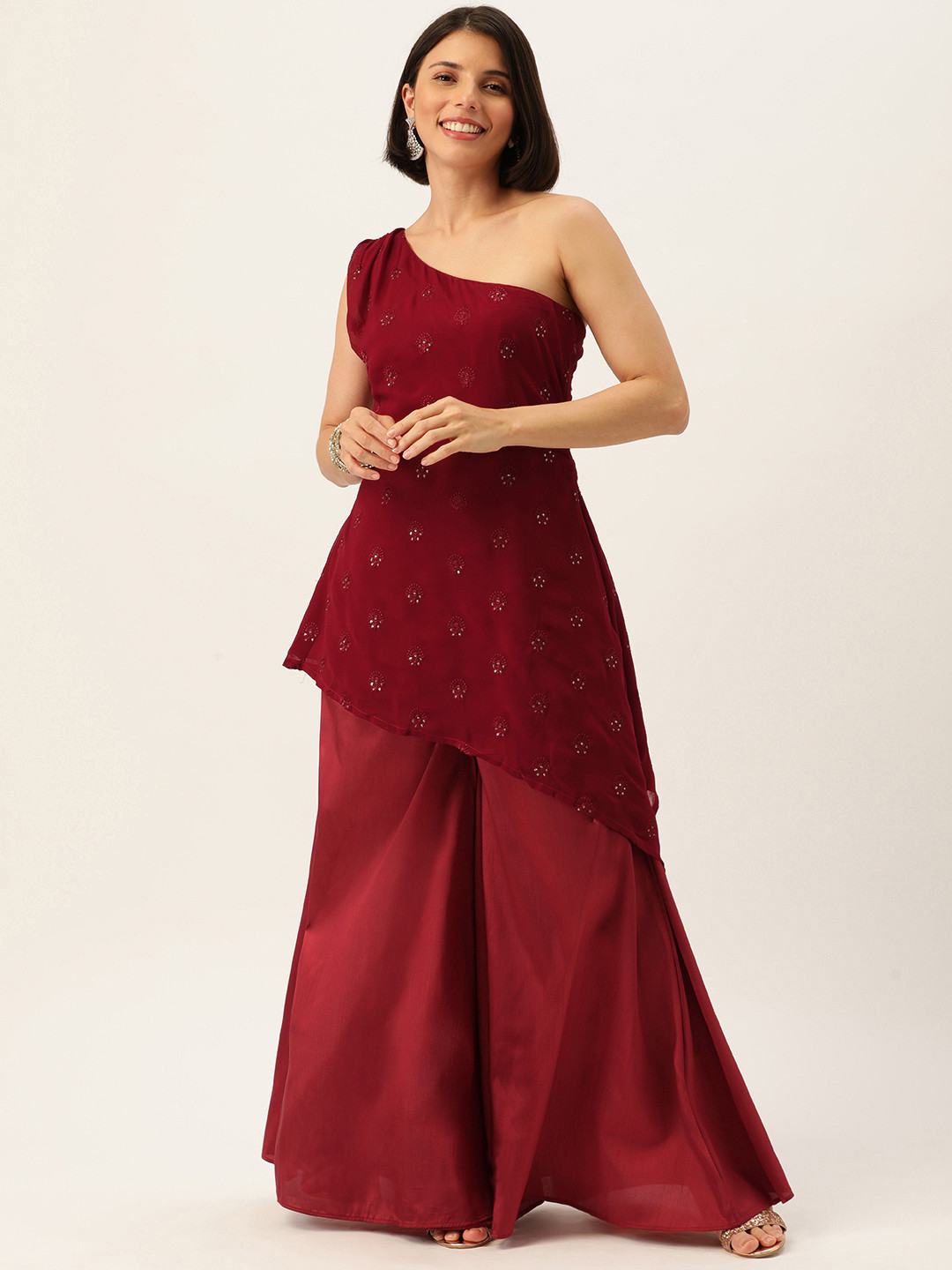Ethnovog Women Maroon Floral Embroidered Sequinned Made To Measure Kurta with Palazzos
