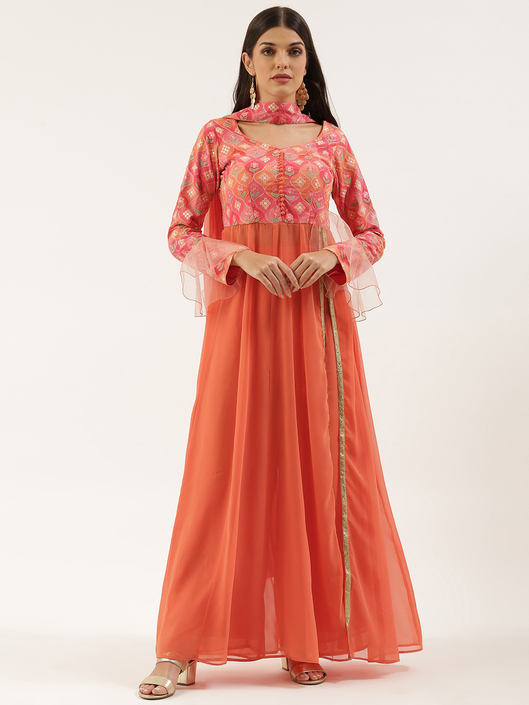 Ethnovog Women Orange Made To Measure Ethnic Motifs Kurta with Palazzos  Dupatta