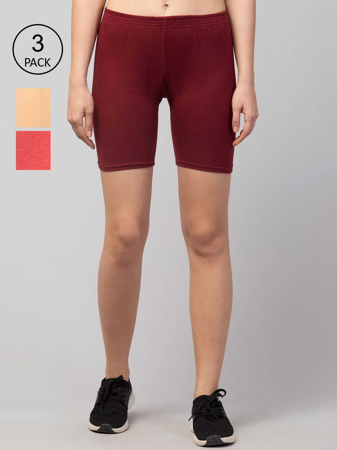 Apraa & Parma Women Set Of 3 Maroon Peach & Coral Slim Fit Cycling Sports Shorts