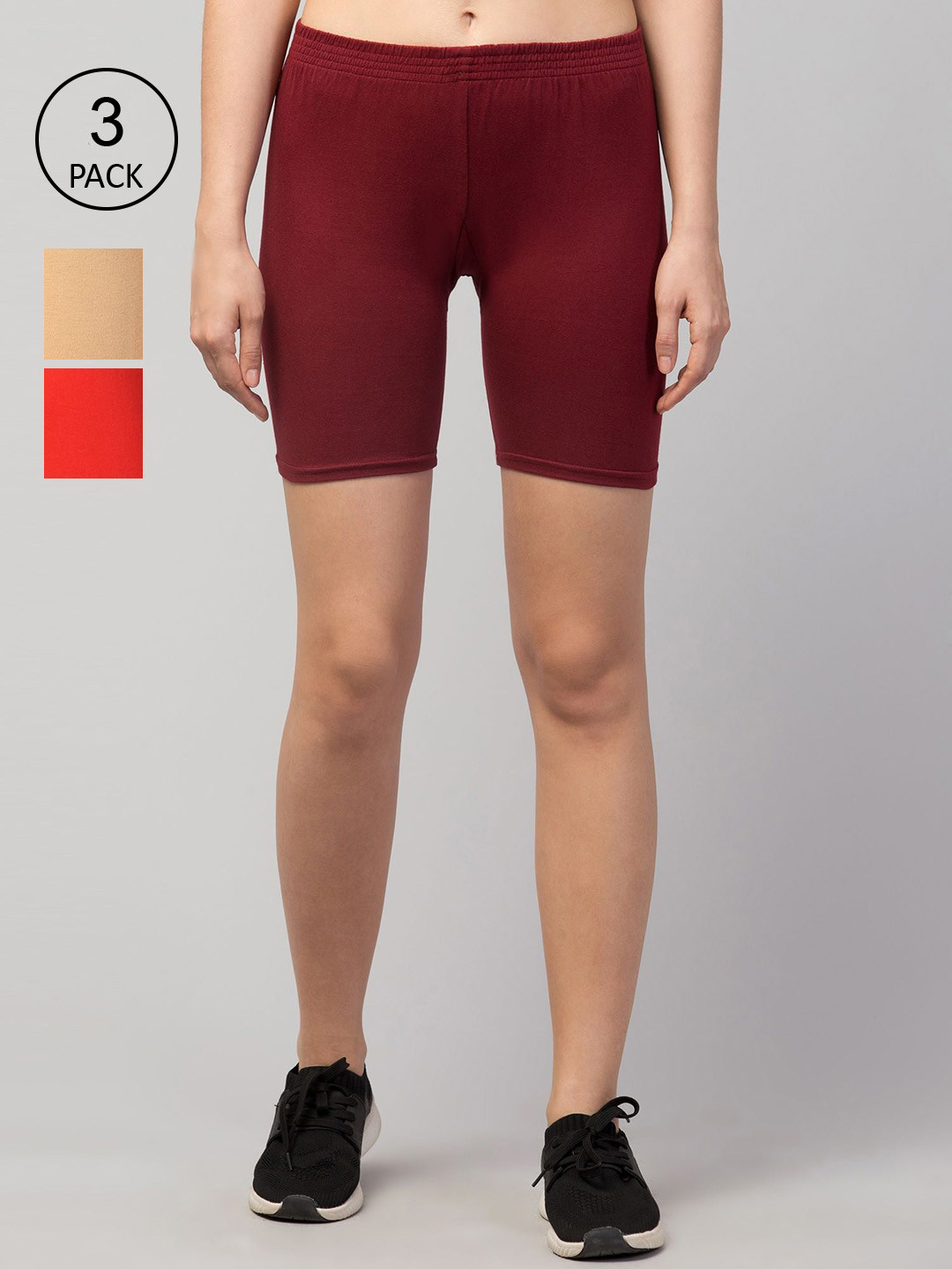 Apraa & Parma Women Pack of 3 Maroon & Orange Slim Fit Cycling Sports Shorts