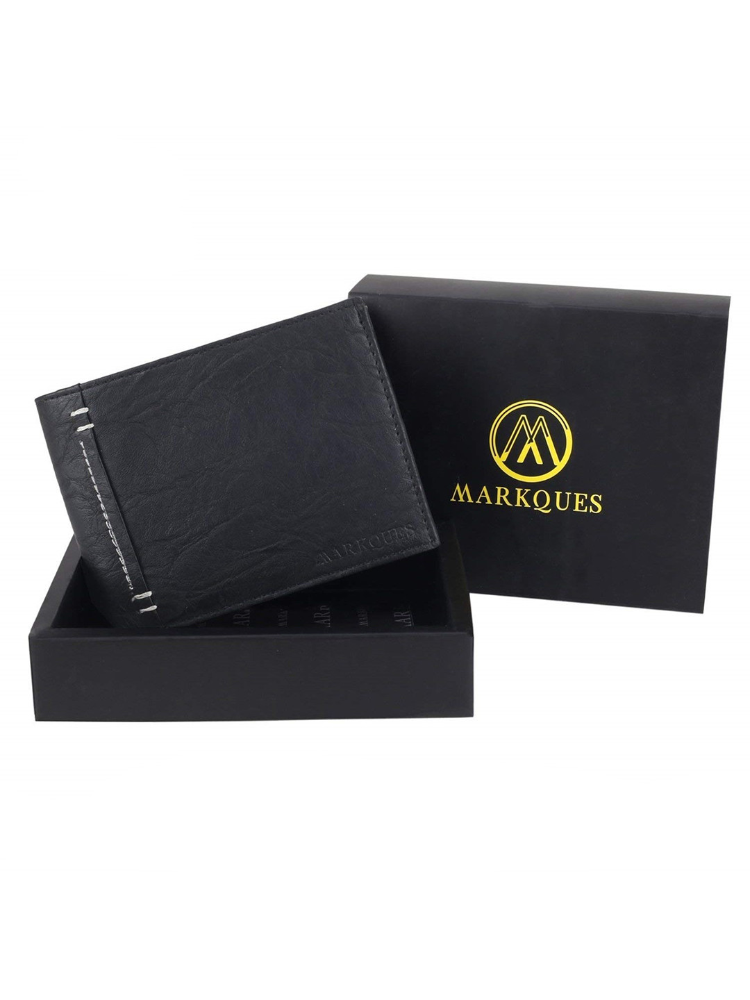 MARKQUES Men Black Leather Two Fold Wallet with SIM Card Holder