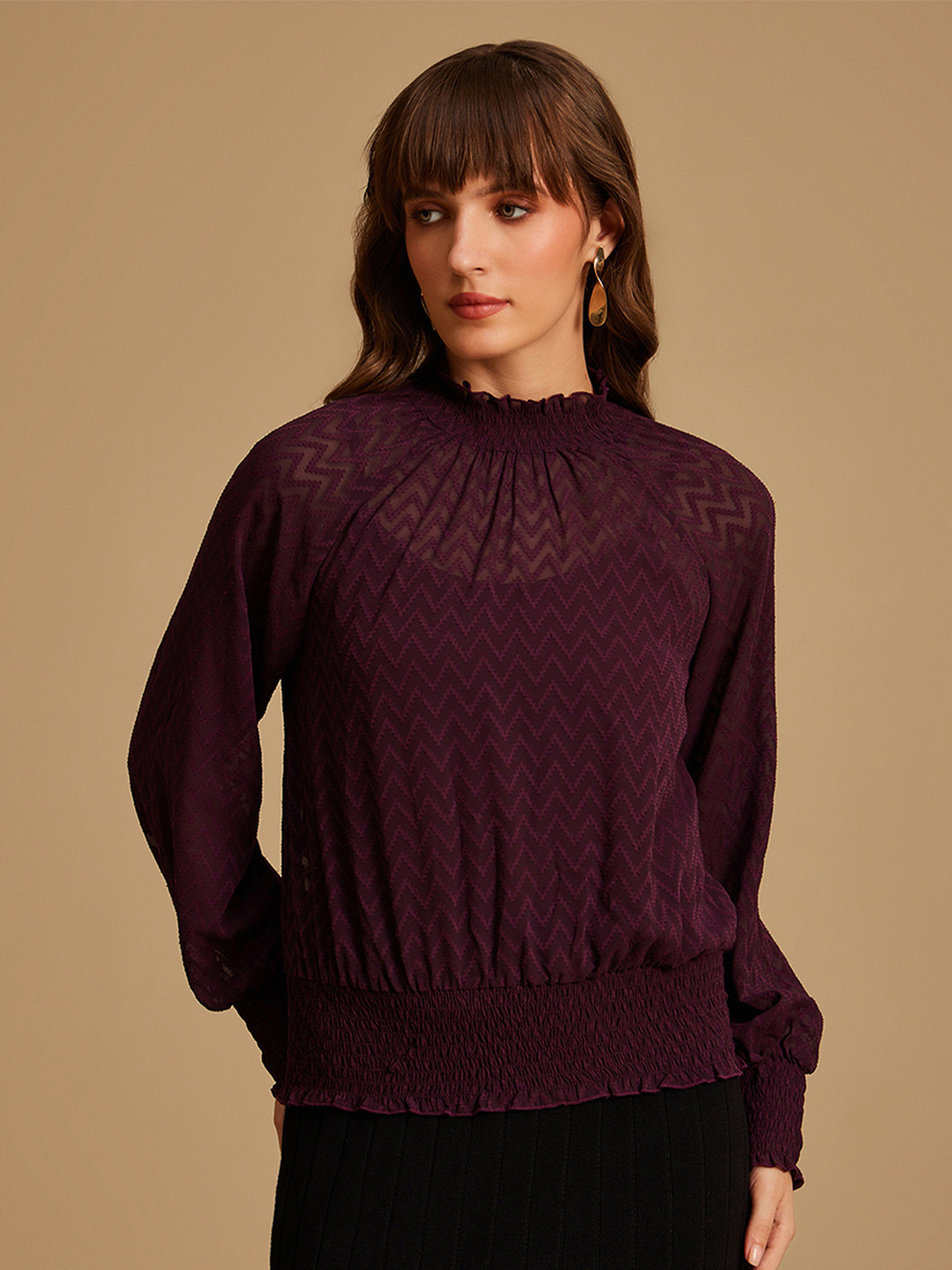 Kazo Purple Smocked Full Sleeves Top