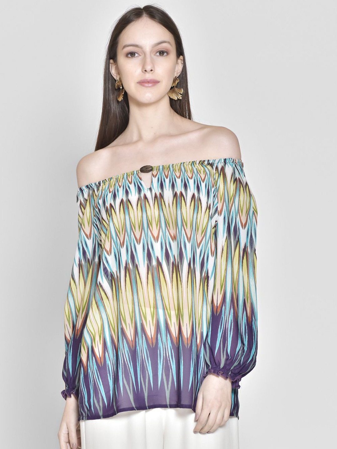 250 DESIGNS WomenBlue Print Off-Shoulder Georgette Bardot Top