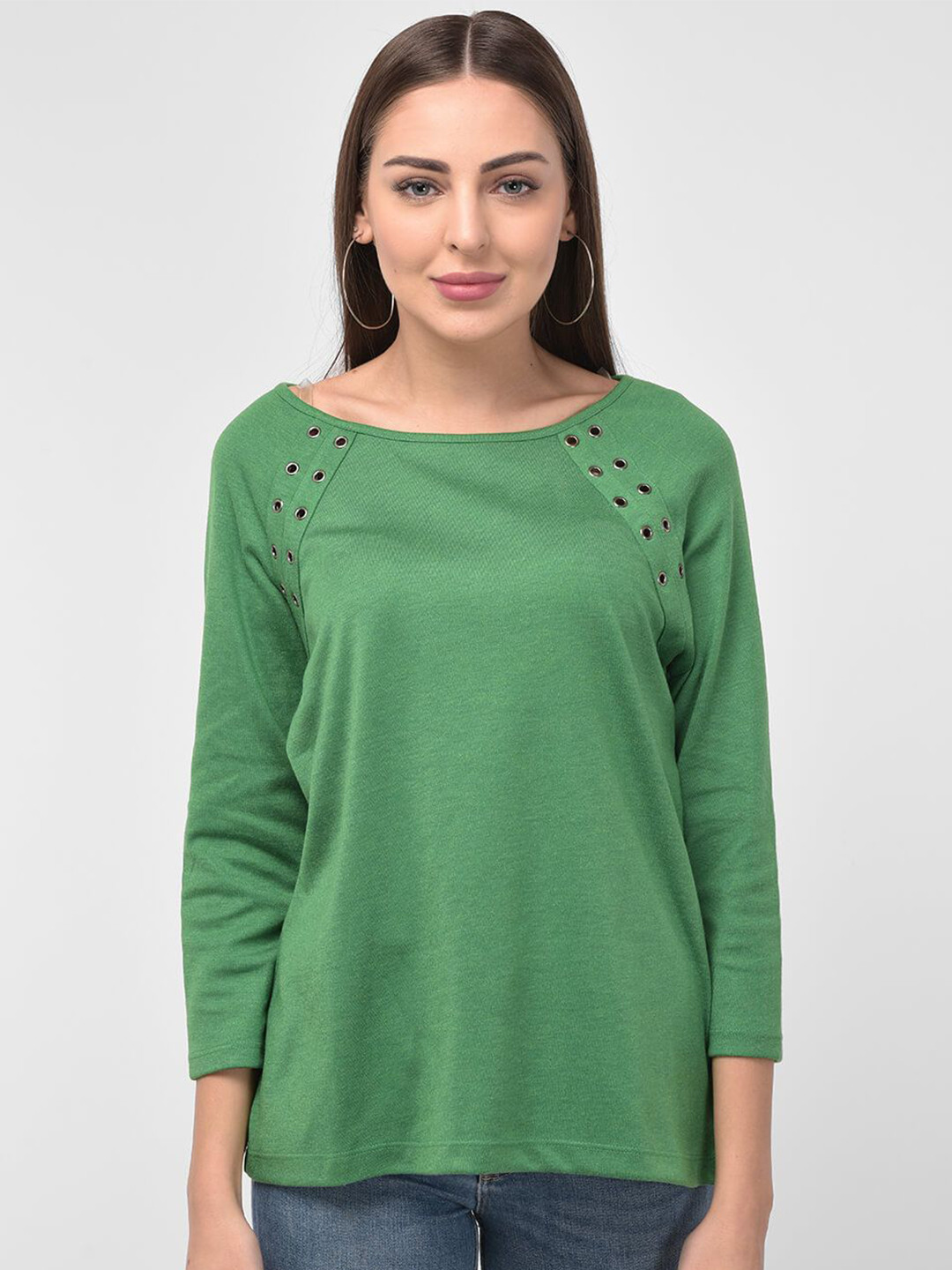 250 DESIGNS Green Solid Long Sleeved Top