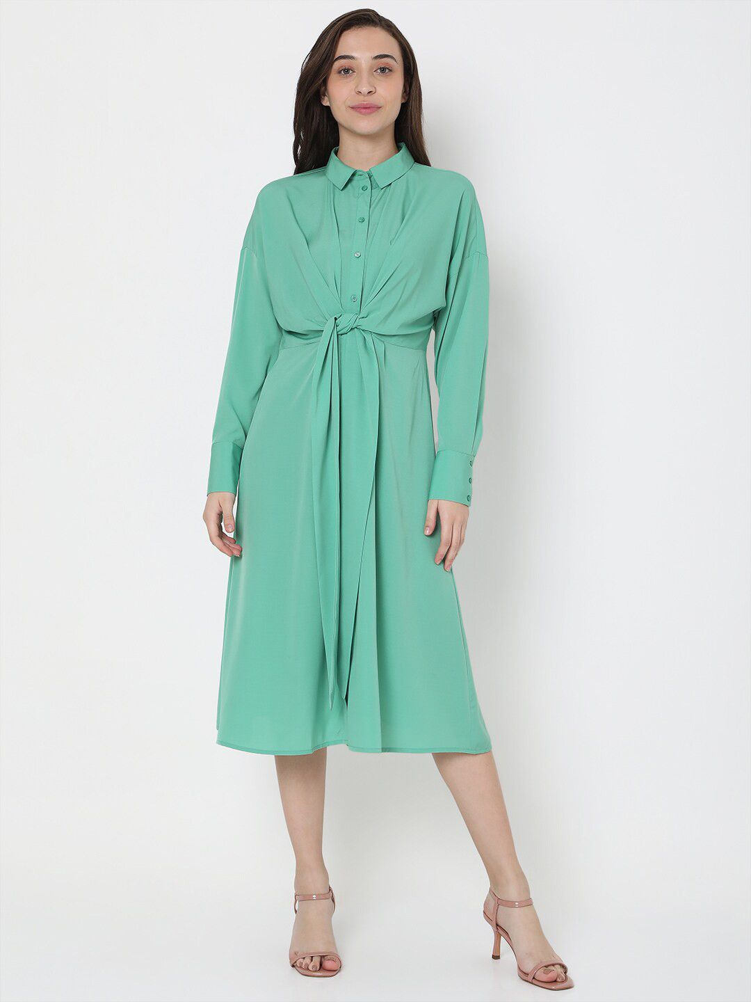 Vero Moda Women Green Long Sleeve Tie-Up Shirt Dress