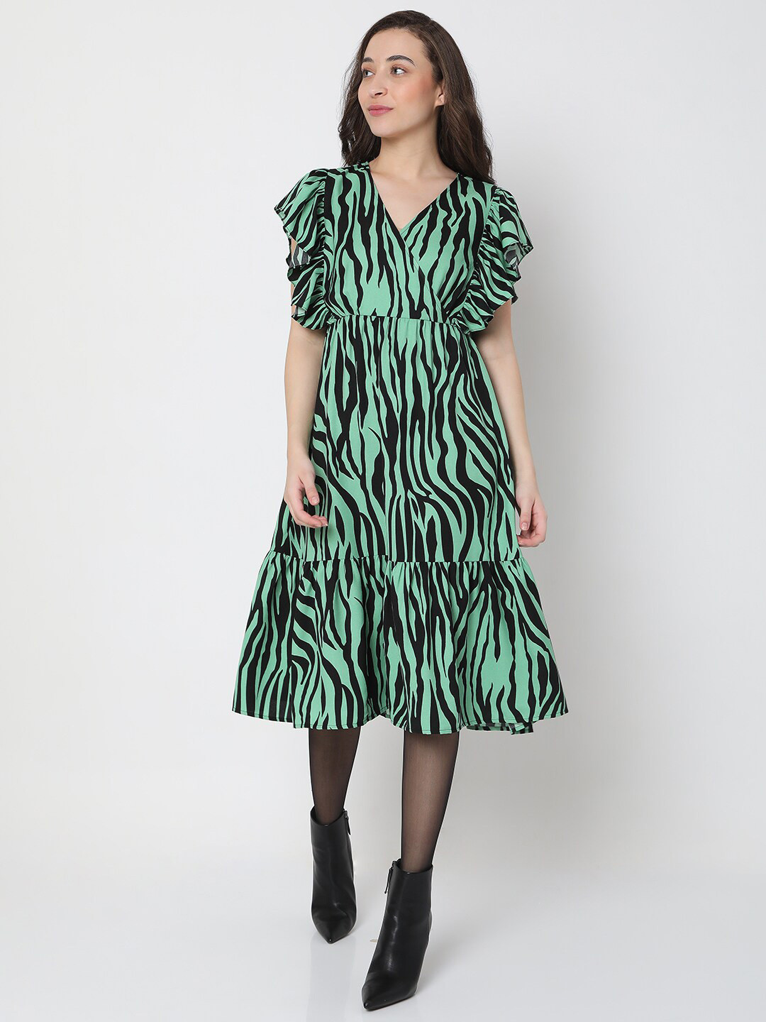 Vero Moda Women Green & Black Animal Printed Midi Dress