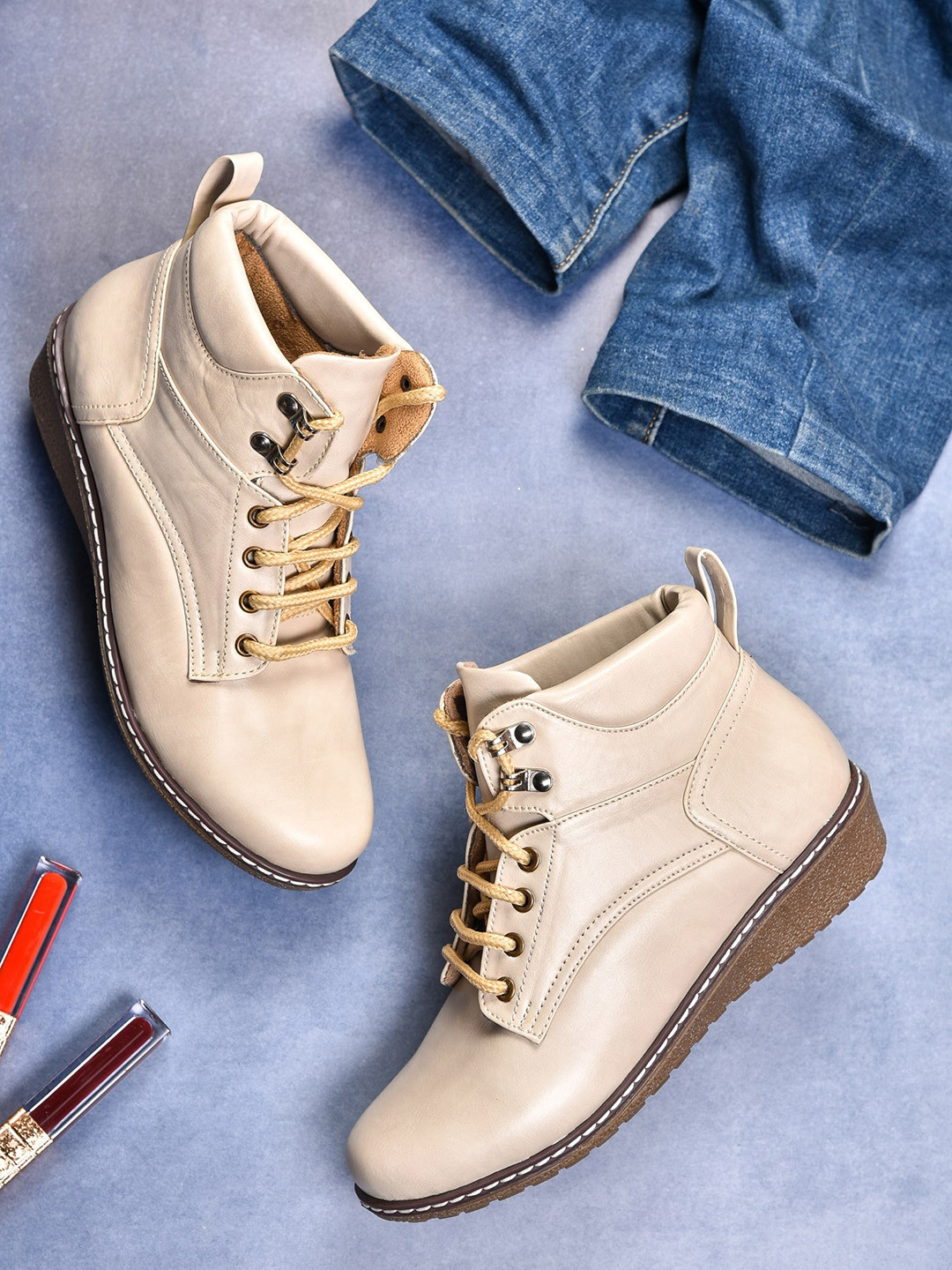 VALIOSAA Women Cream-Coloured Solid Regular Boots