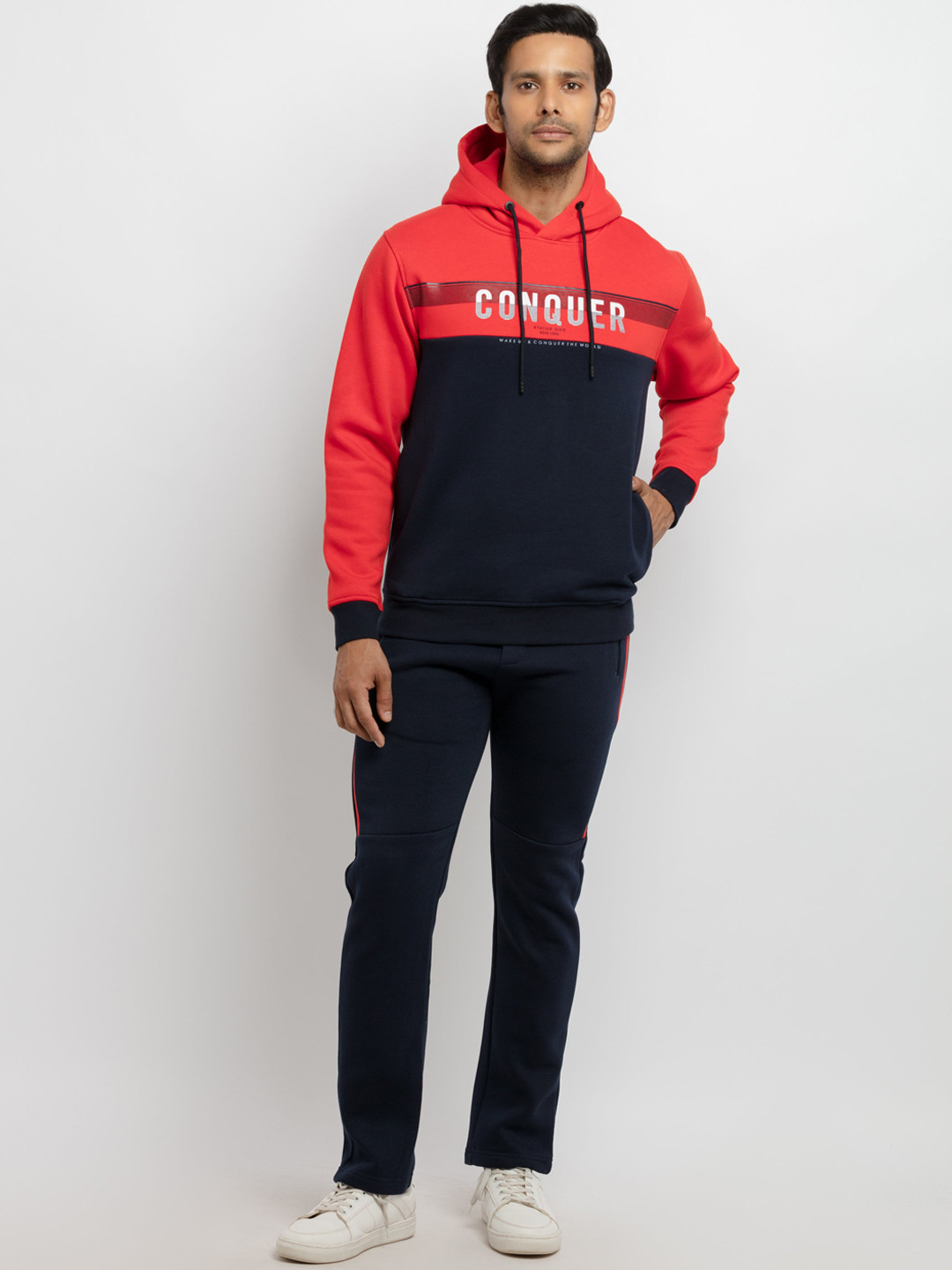 Status Quo Men Orange Colored & Navyblue Colorblocked Cotton Tracksuits