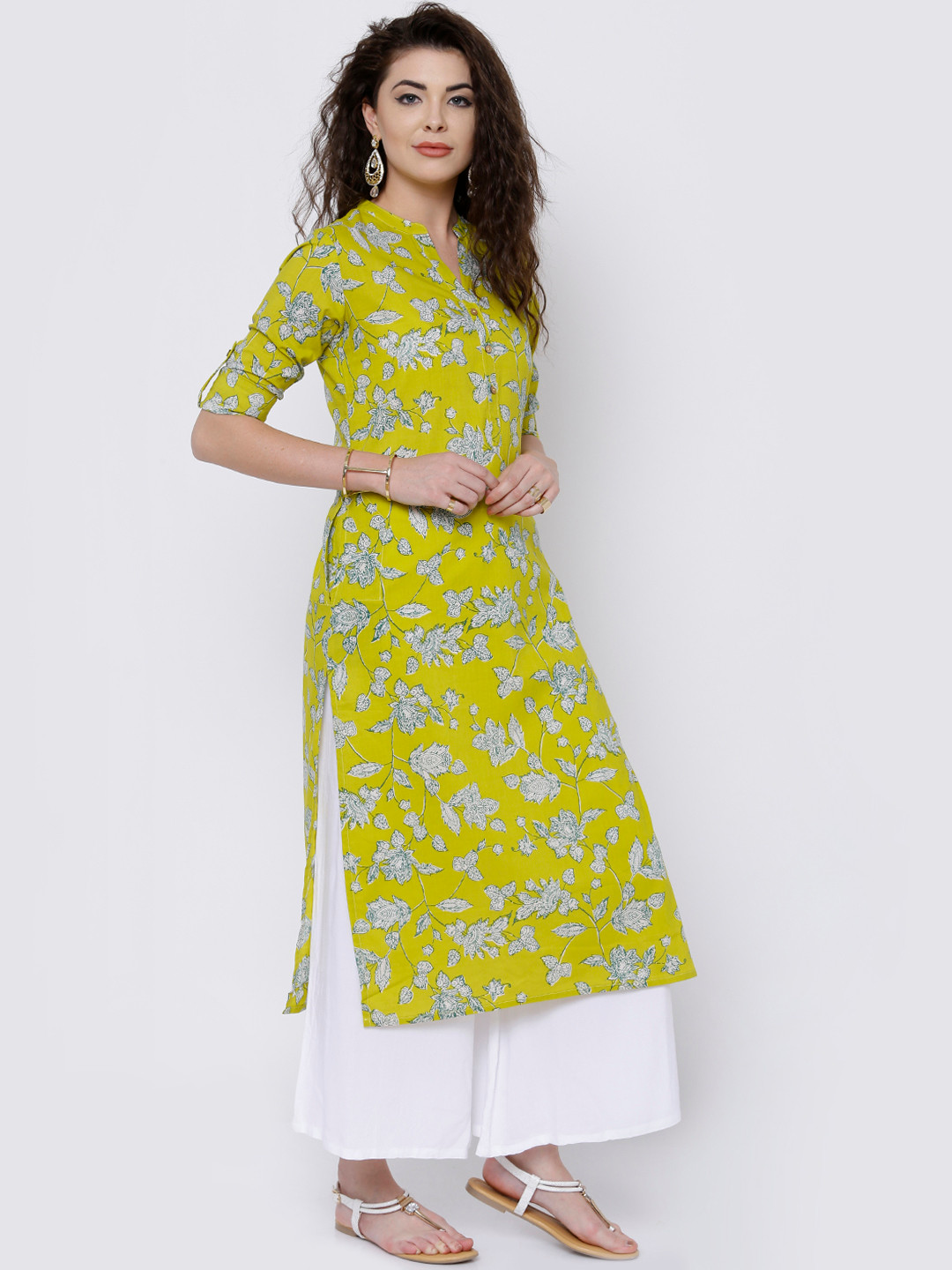 Vishudh Women Lime Green Floral Print Straight Kurta