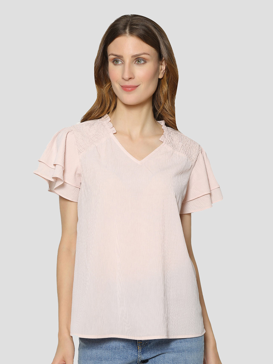 DRIRO Women Peach-Coloured Solid Flutter Sleeves Top