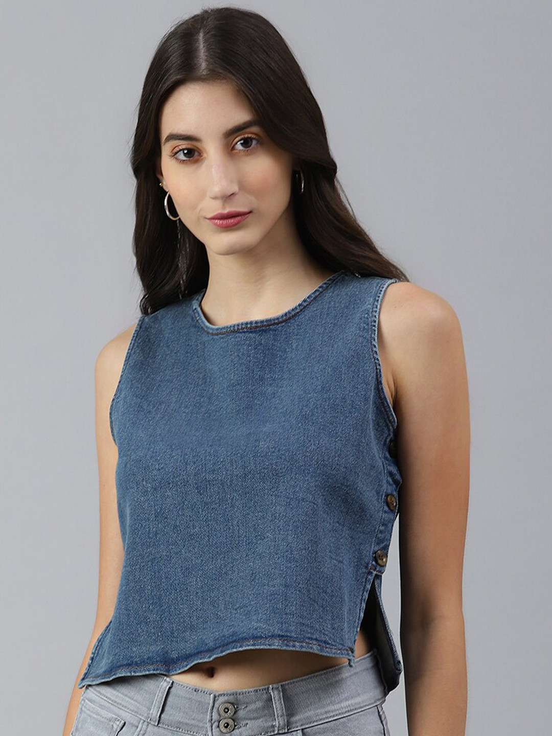 Xpose Women Blue Denim High-Low Styled Pure Cotton Crop Top