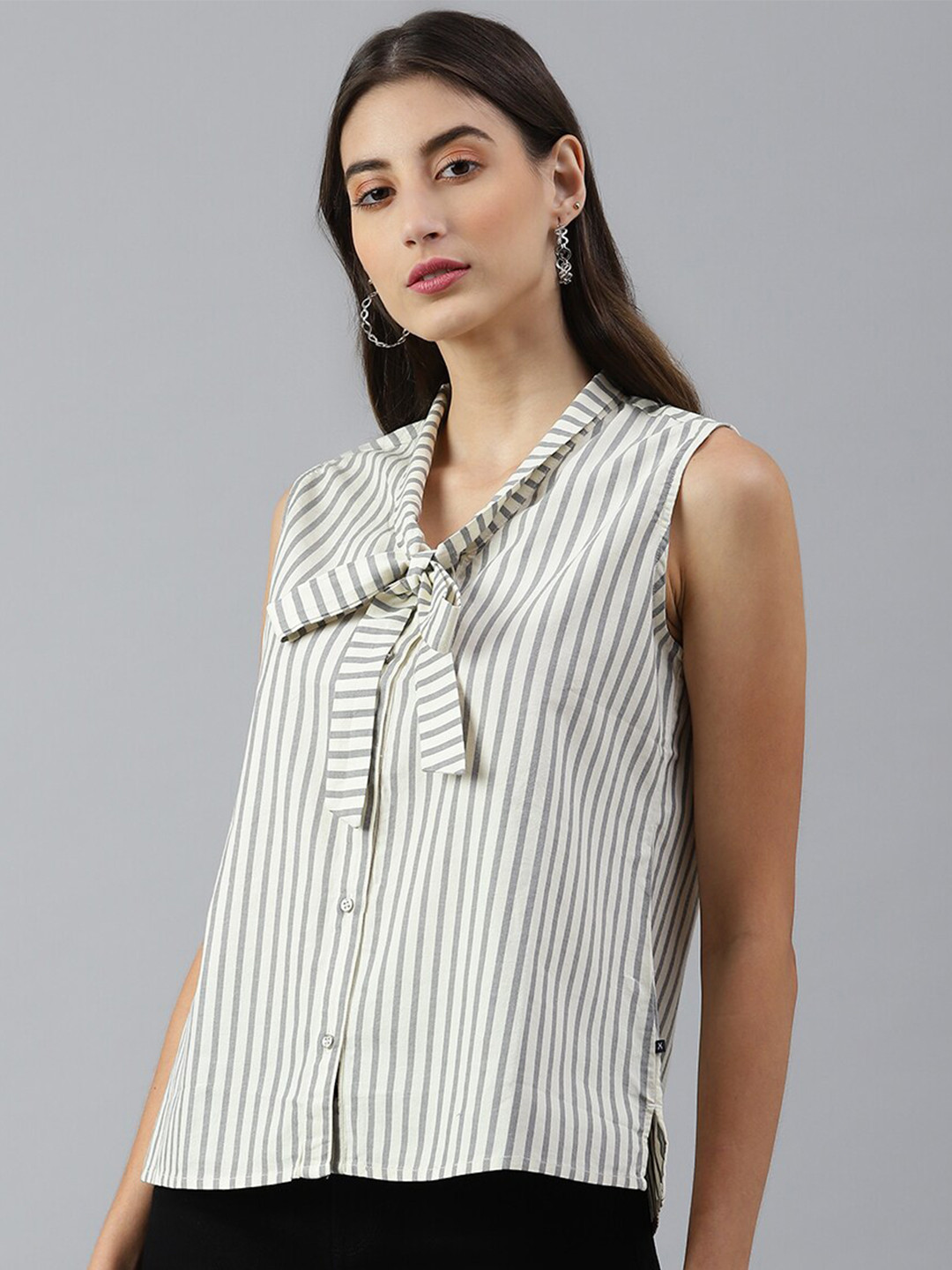 Xpose Blue Striped Tie-Up Neck Indigo Top