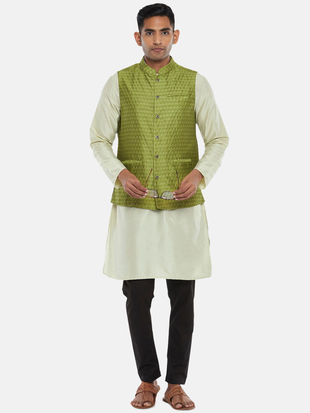 indus route by Pantaloons Men Lime Green Layered Kurta with Churidar