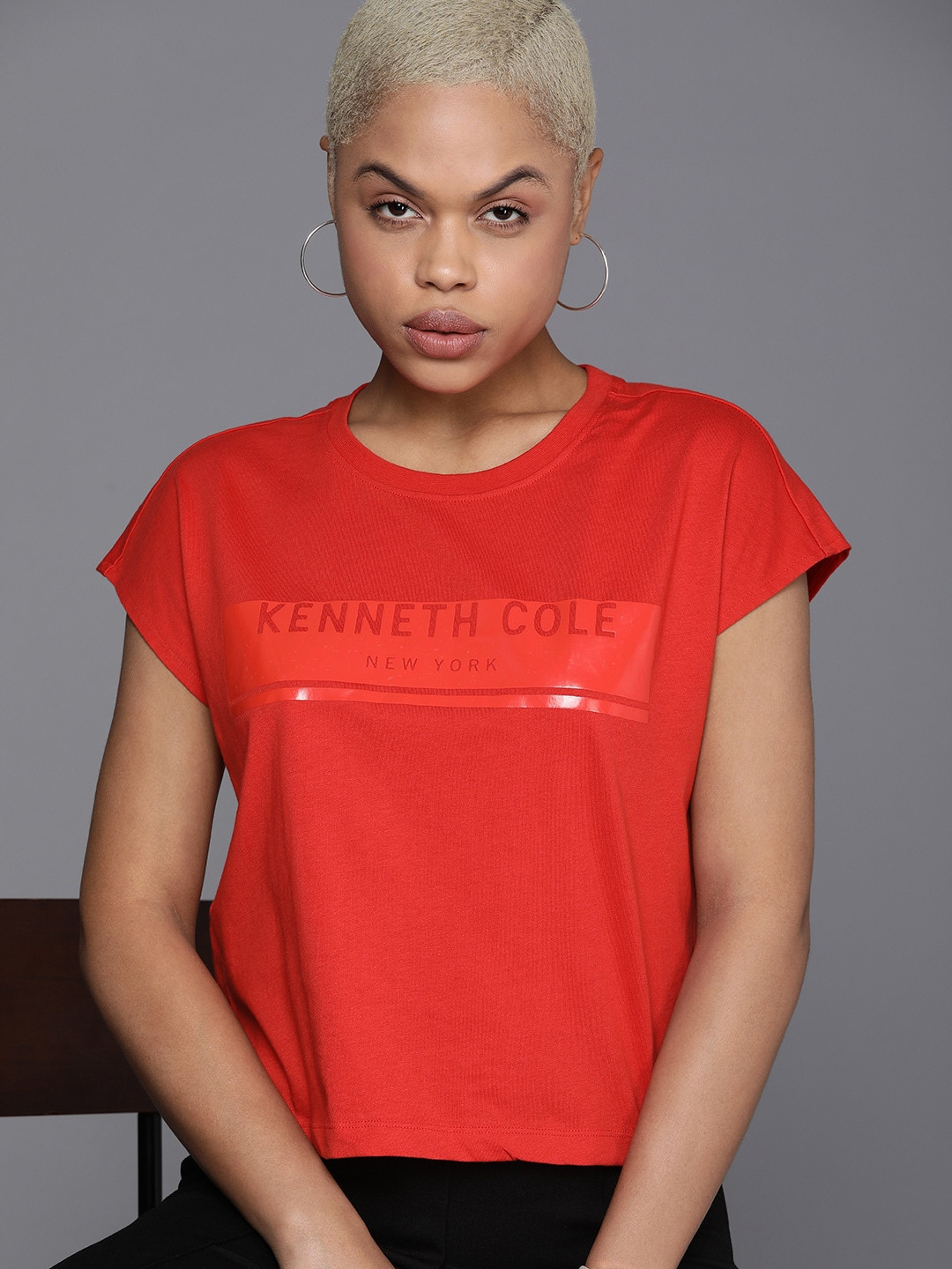 Kenneth Cole Signature Women Red Printed Extended Sleeves Pure Cotton T-shirt