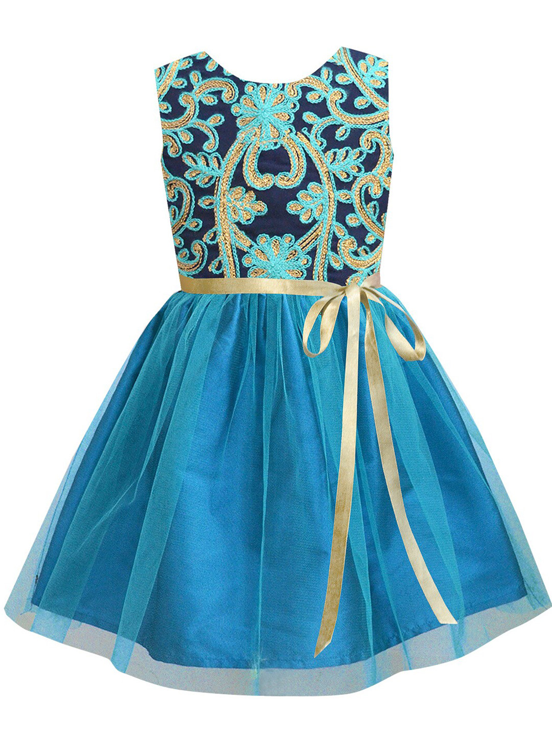 A T U N Turquoise Blue & Gold-Toned Floral Embroidered Net Dress