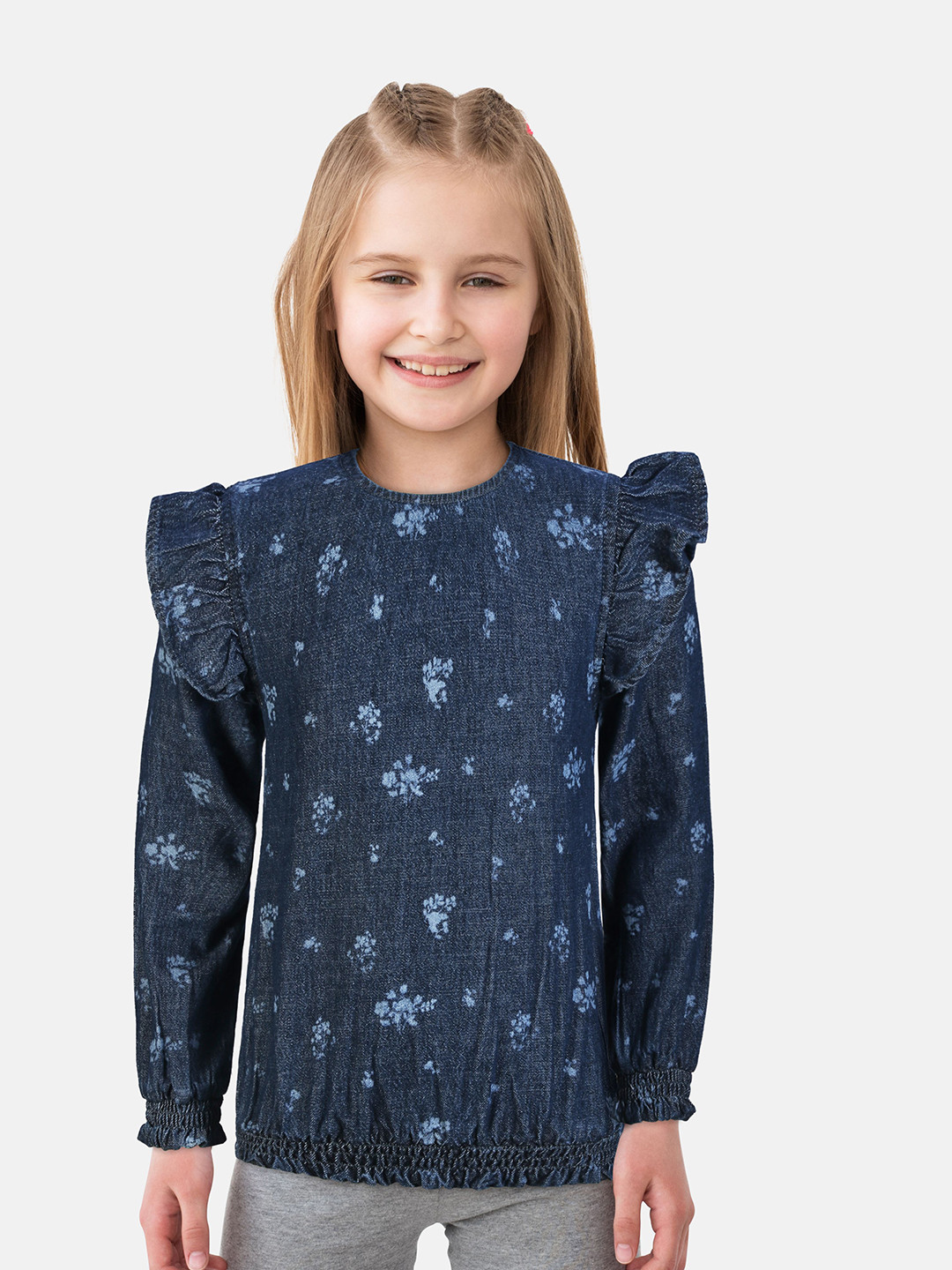 Gini and Jony Navy Blue Floral Print Denim Blouson Top