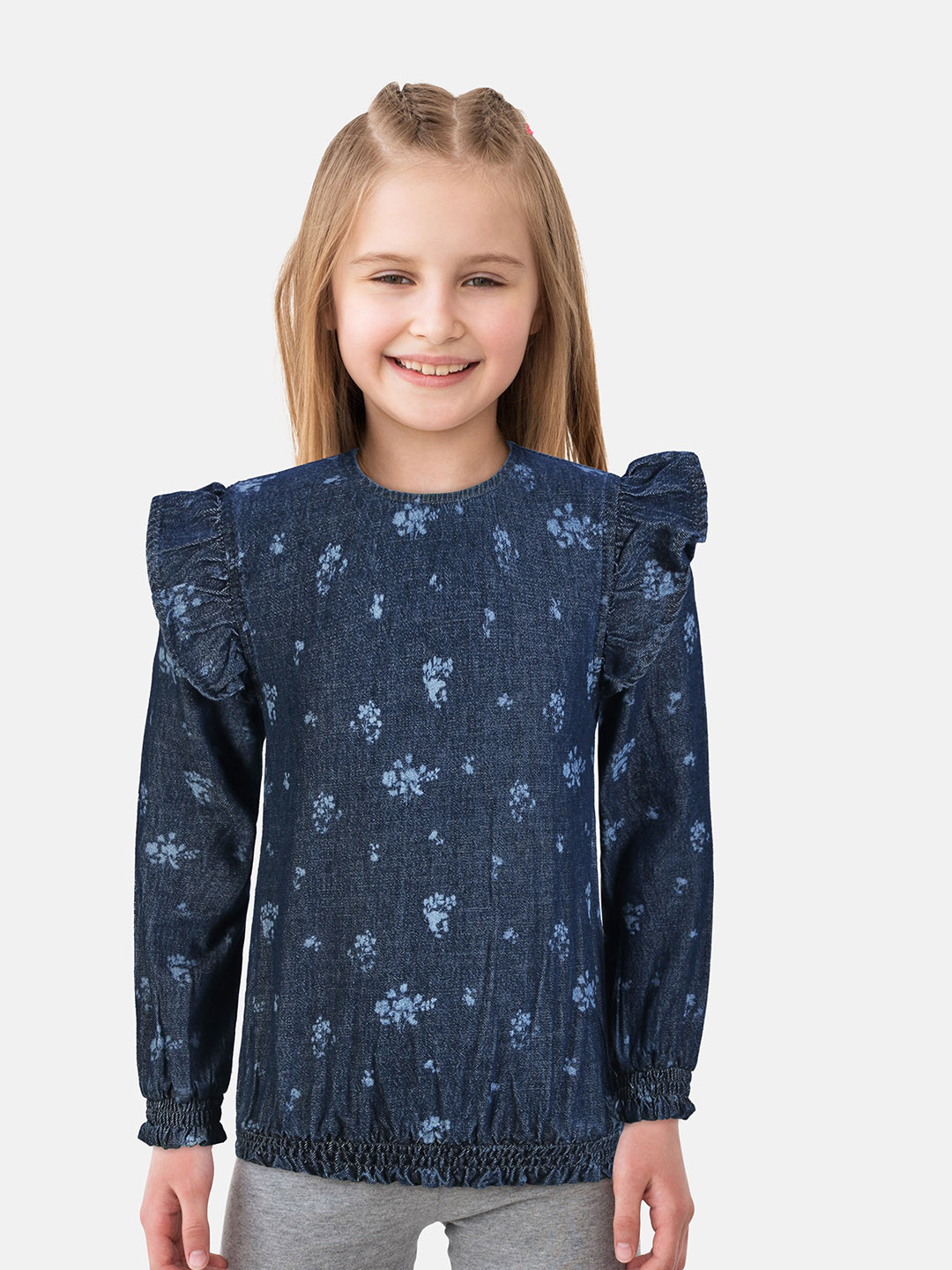 Gini and Jony Navy Blue & Blue Floral Print Ruffles Denim Blouson Top