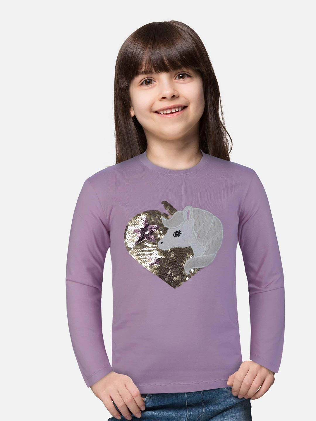 Gini and Jony Kids Girls  Lavender Printed Sequined Full Sleeves Top